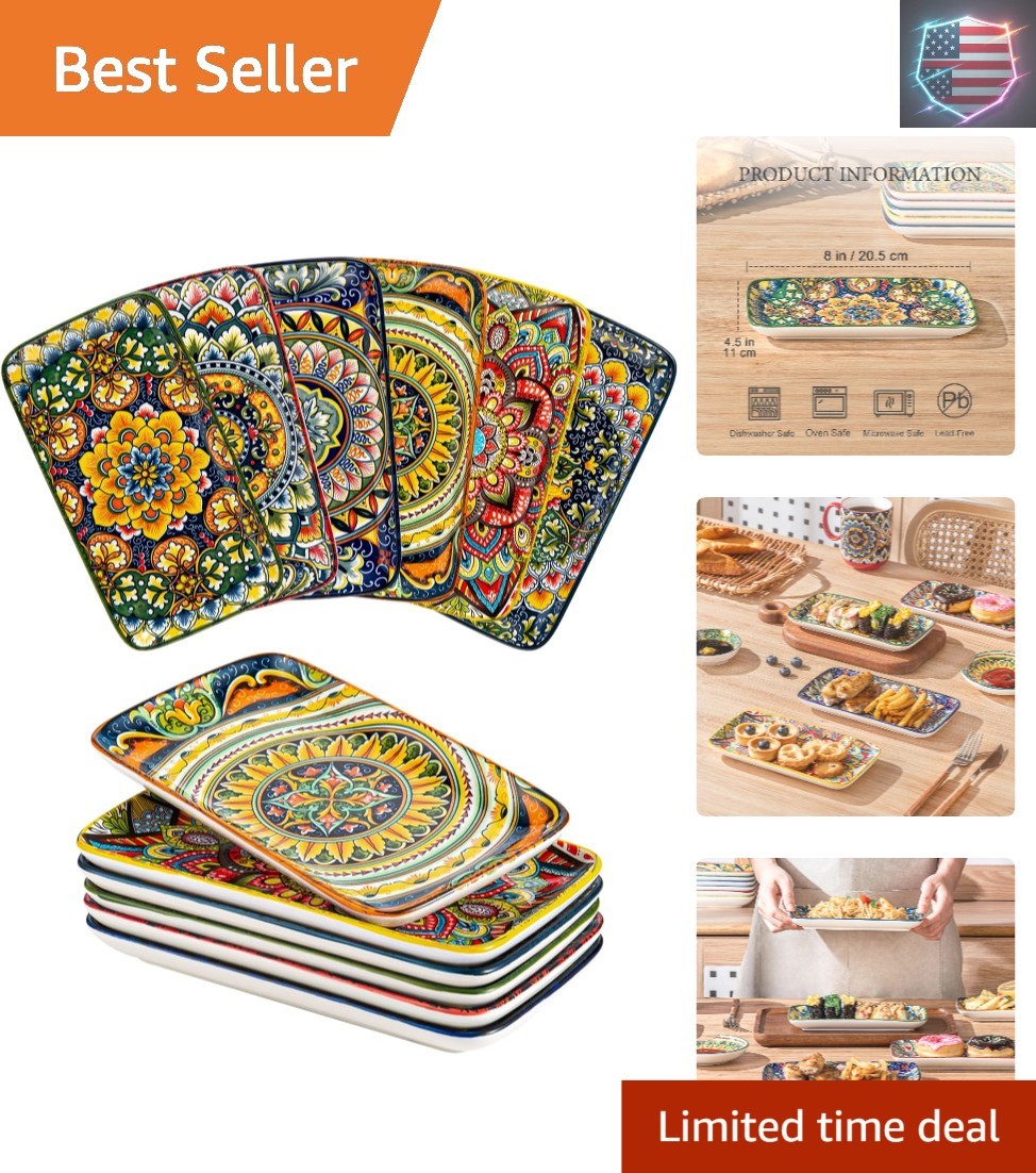 Ceramic 8 Inch Salad Plates, Rectangular Salad Plate Set of 6, Bohemian Servi…