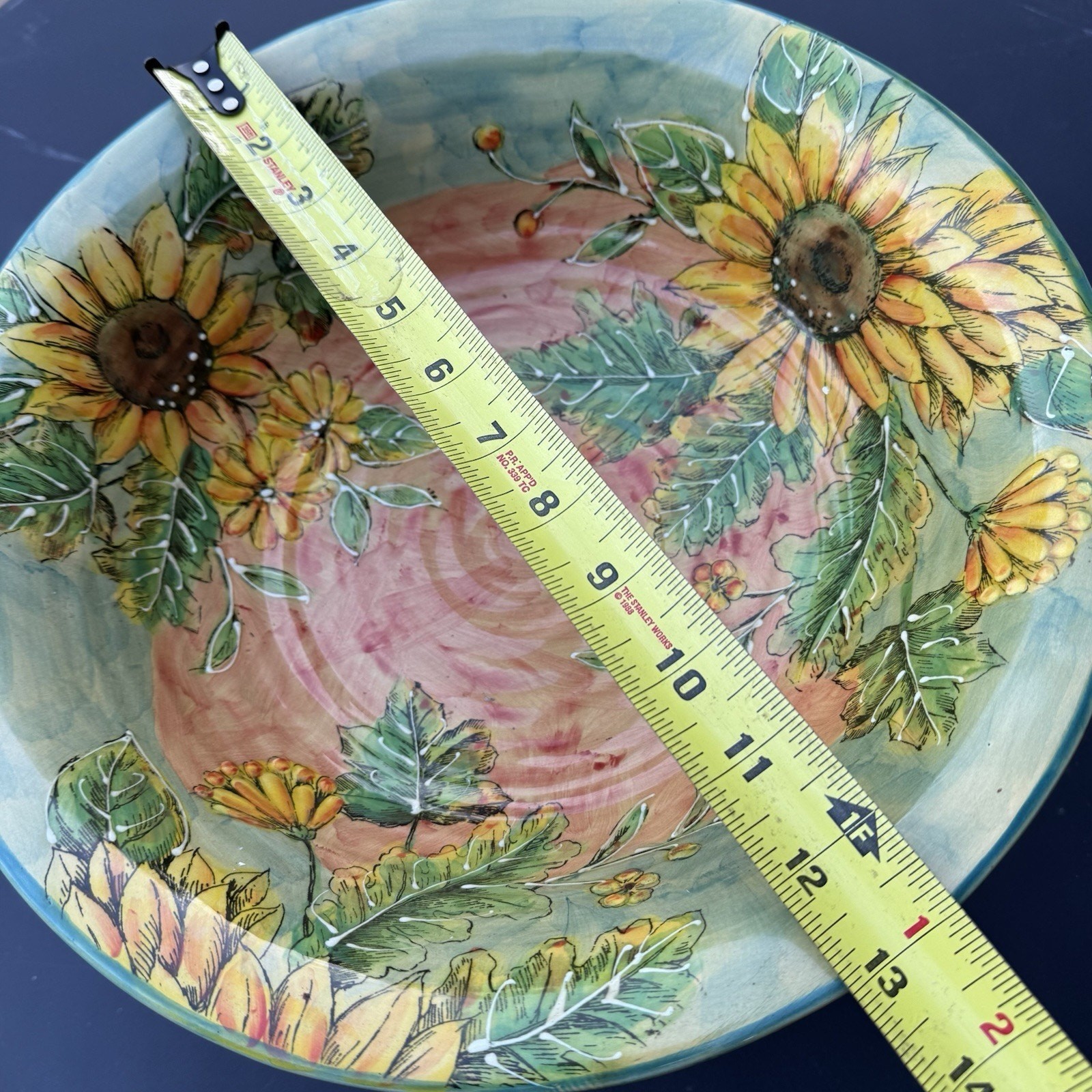 Vintage Sunflower Footed Pedestal Bowl Hand Painted Ceramic Centerpiece 12”