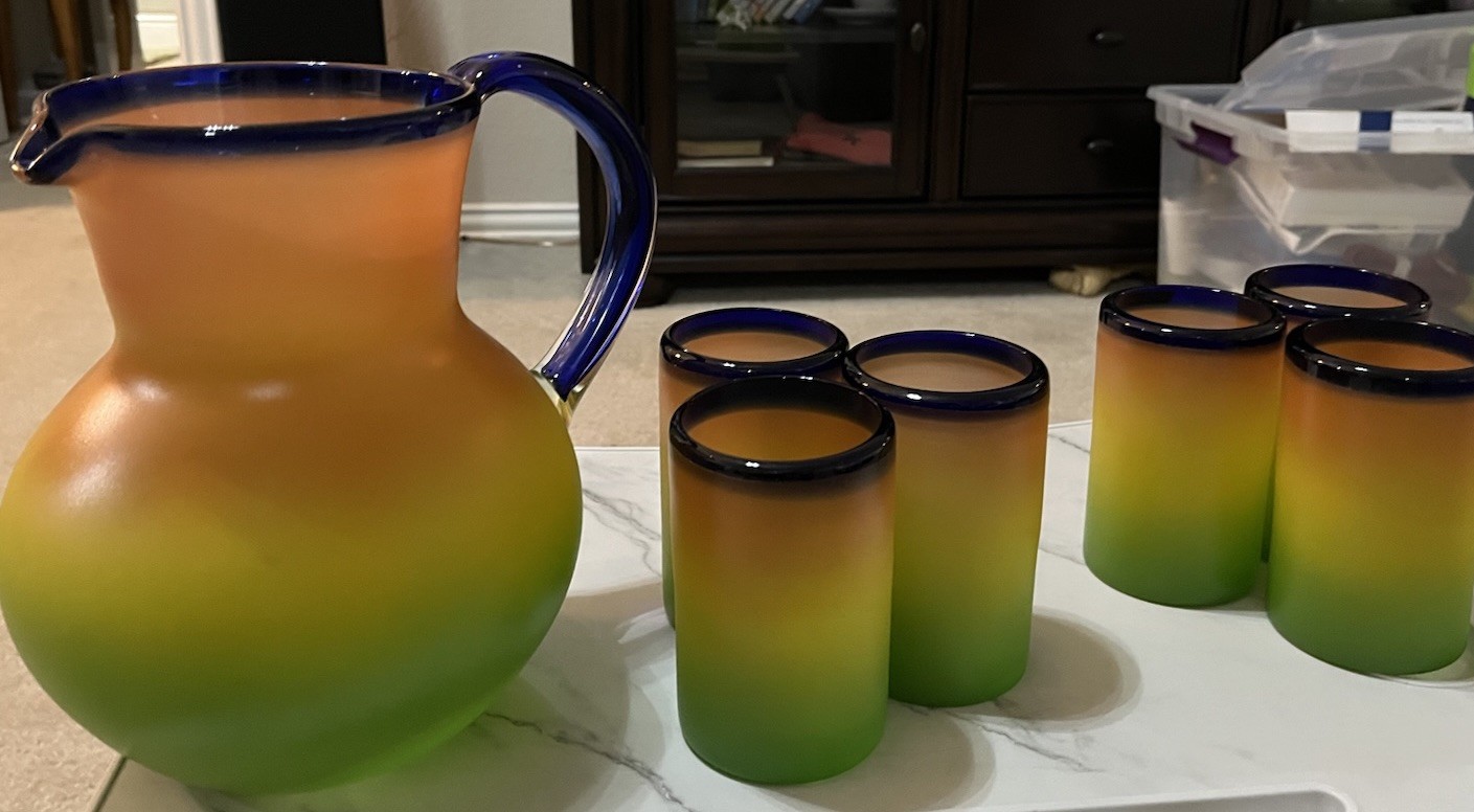 Hand Blown Orange Yellow Green Cobalt Blue trim 6 Tumblers & Pitcher