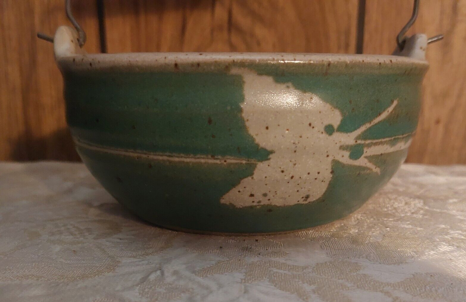 Stoneware Bail handle bowl signed small, miniature, green, tan and grey