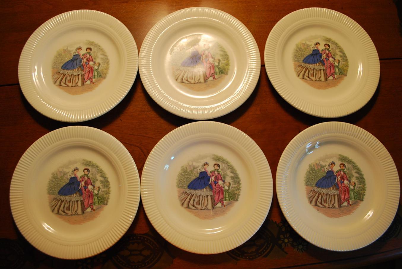 Vintage Set 6 GODEY PRINTS Luncheon Plates 9.25″ Ribbed SALEM CHINA 3 Designs