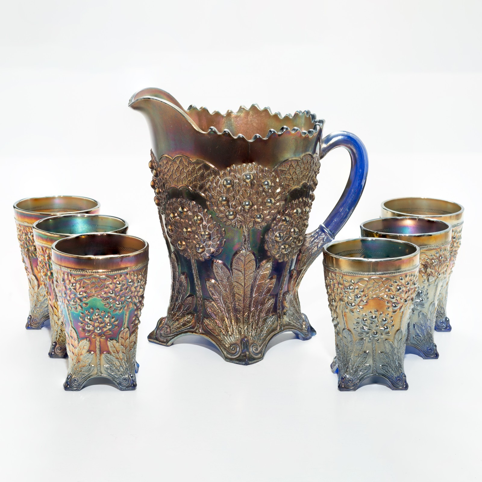 Fenton Carnival Glass 7 Piece Pitcher & Cup Set – Tree Design Twilight Blue