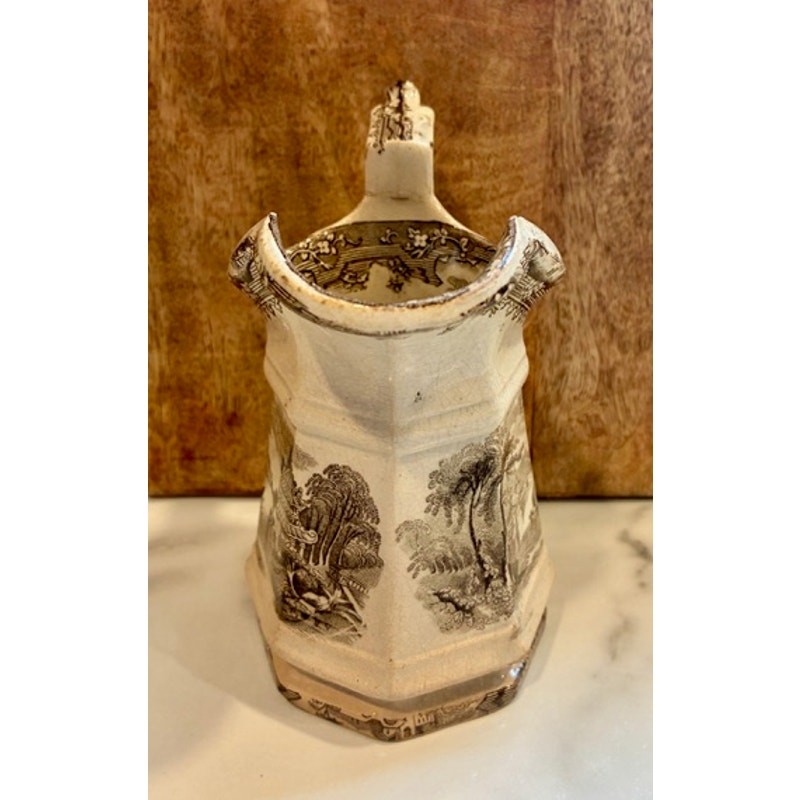 Antique Victorian Brown Transferware Octagonal Pitcher Chinoiserie 6”