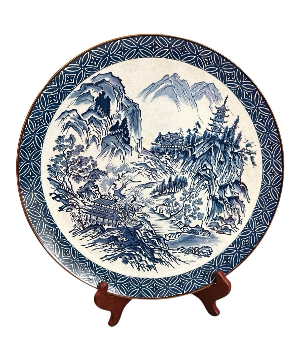 Vtg Blue Willow Japan Round Serving Dish Tray Platter Blue White Porcelain 15 in
