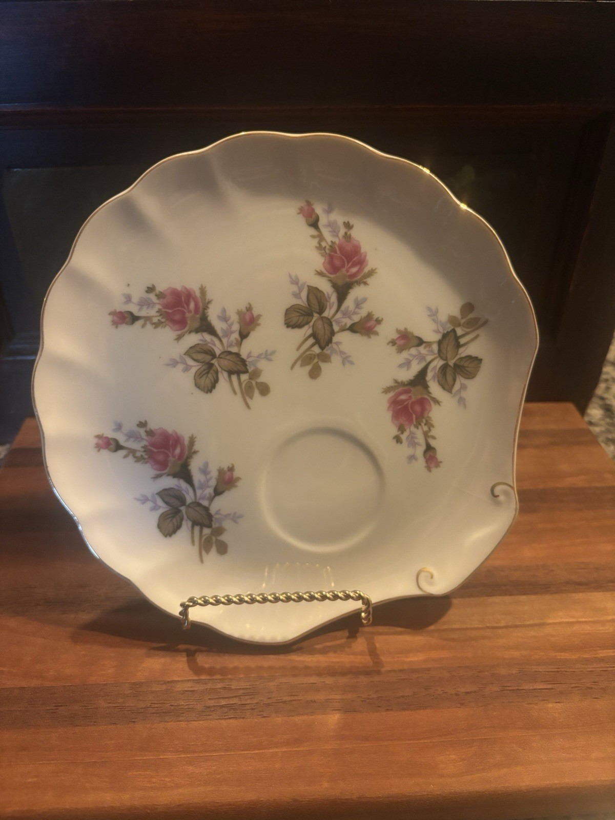 Floral White Pink Green Porcelain Saucer Gold Trim Glossy Round Decorated