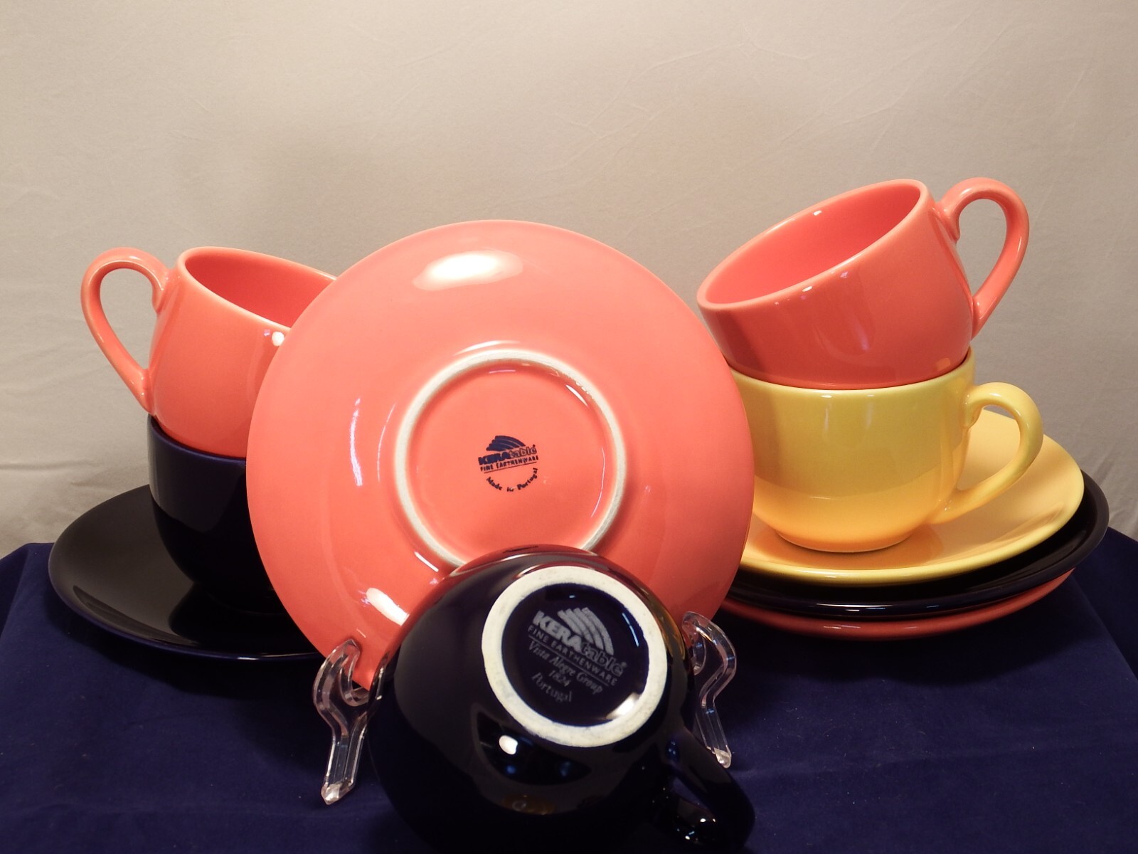 VISTA ALEGRE KERATABLE COBALT BLUE YELLOW ORANGE (5) CUPS & SAUCERS EXCELLENT