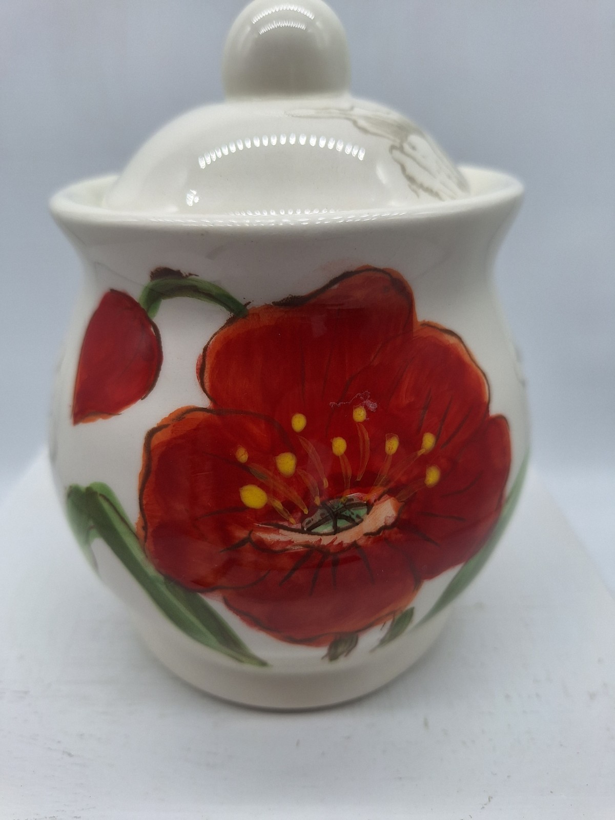 Maxcera Red Poppy Sugar Bowl with Lid Pottery Retired 5 1/2 inches