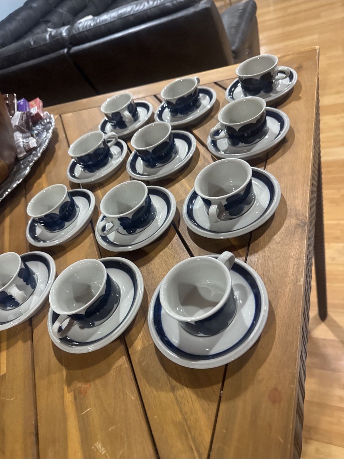 Set Of 12 Arabia Finland Anemone Blue Coffee Tea Mug Cups & Saucers 3 1/2″ Rare