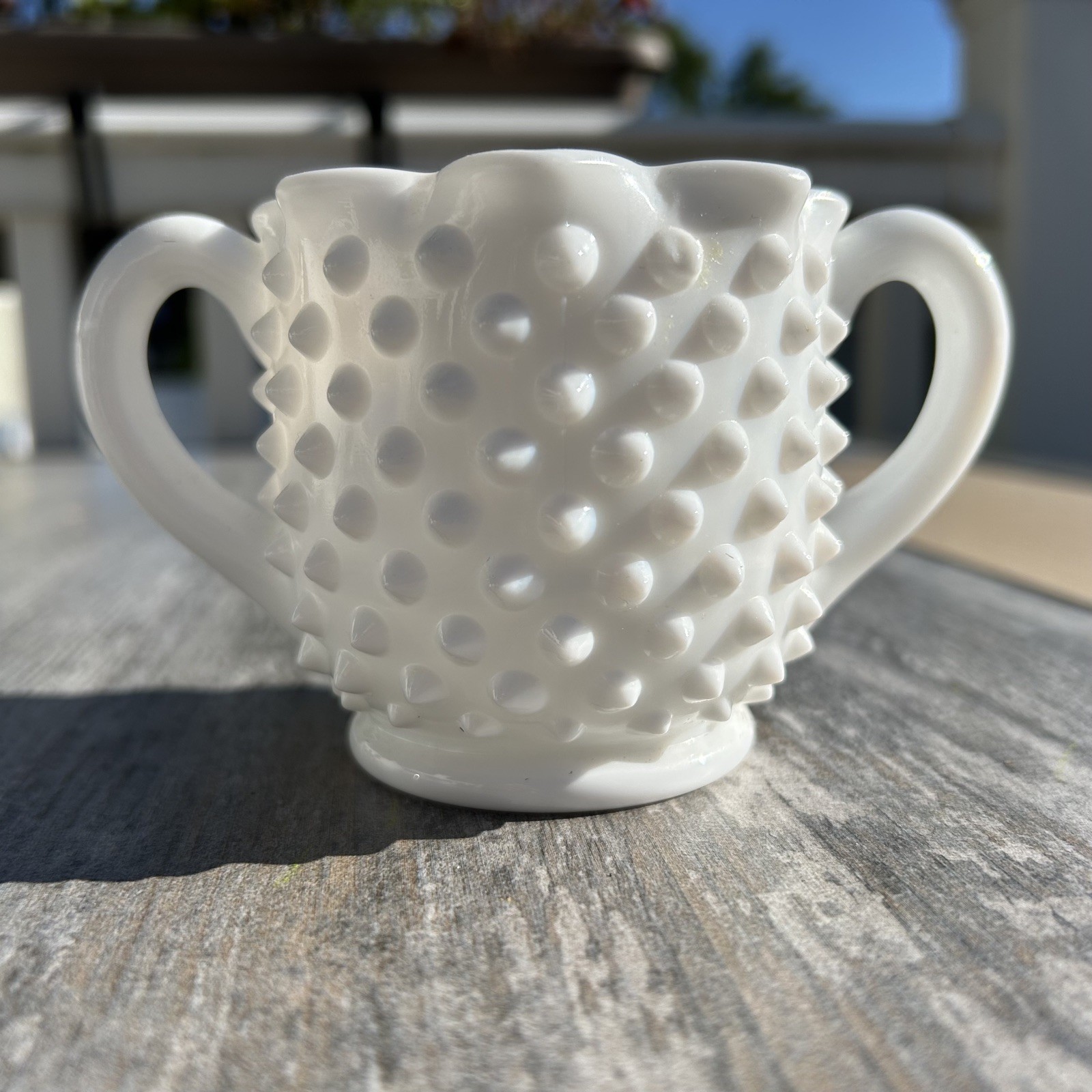Vintage Fenton Hobnail Milk Glass Sugar Bowl Star Shape Open Double Handle 3906