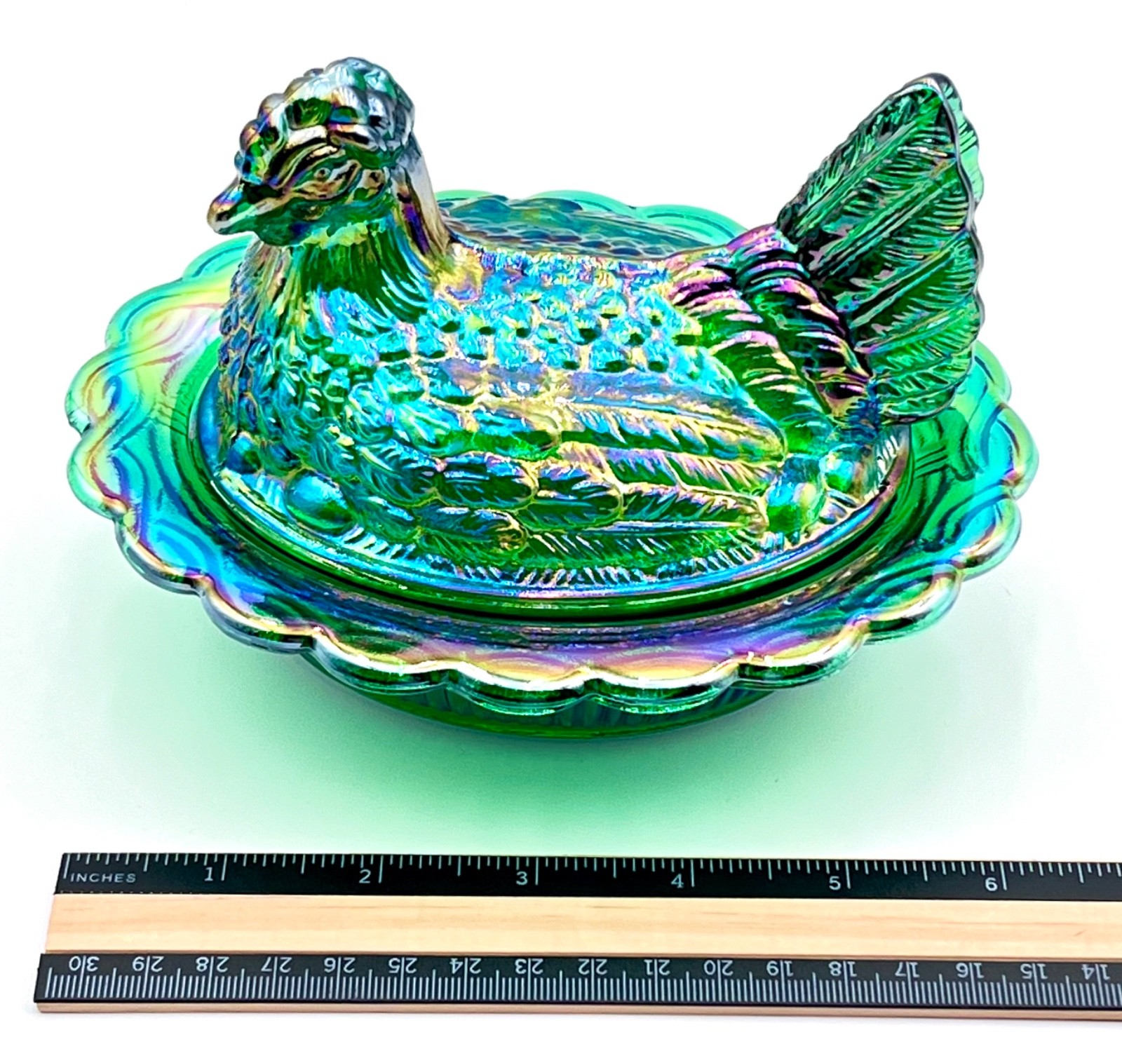 Mosser Hen on Nest HUNTER GREEN CARNIVAL6 1/2″ Glass Marked Mosser FREE SHIP