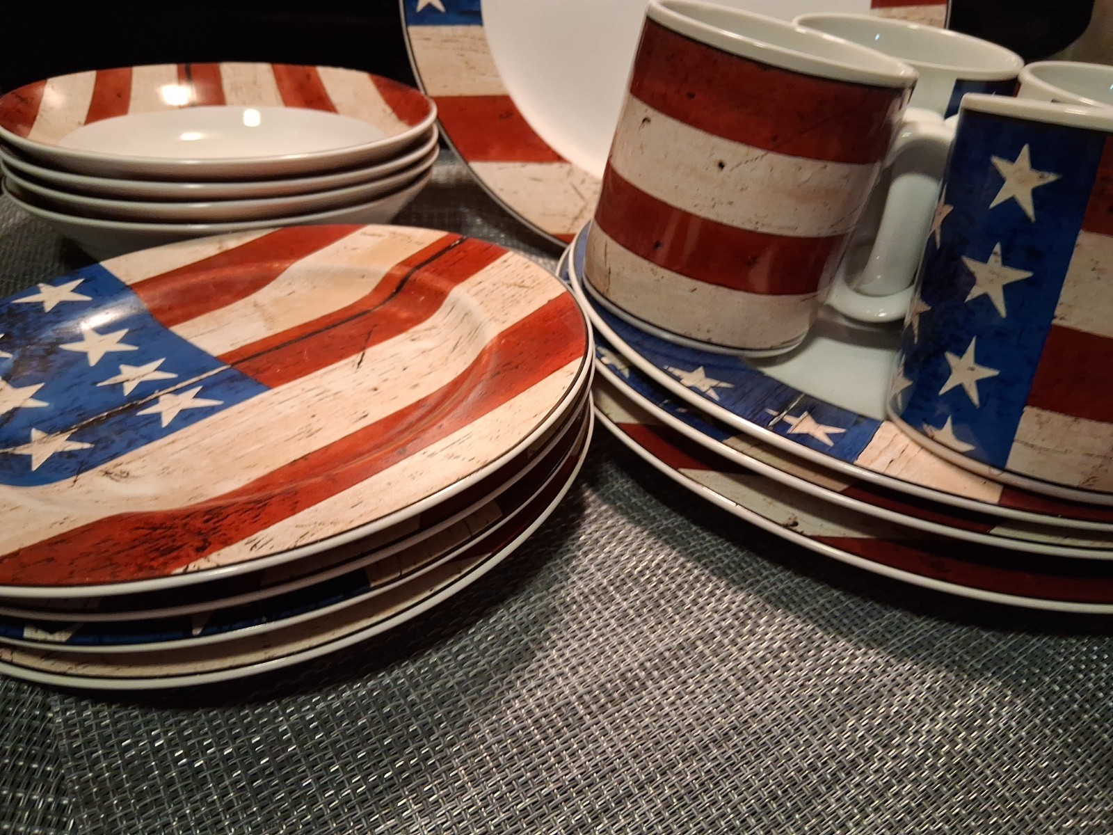 Vtg Warren Kimble Sakura Colonial 16 Pc Stoneware Set 1997 American Flag Euc