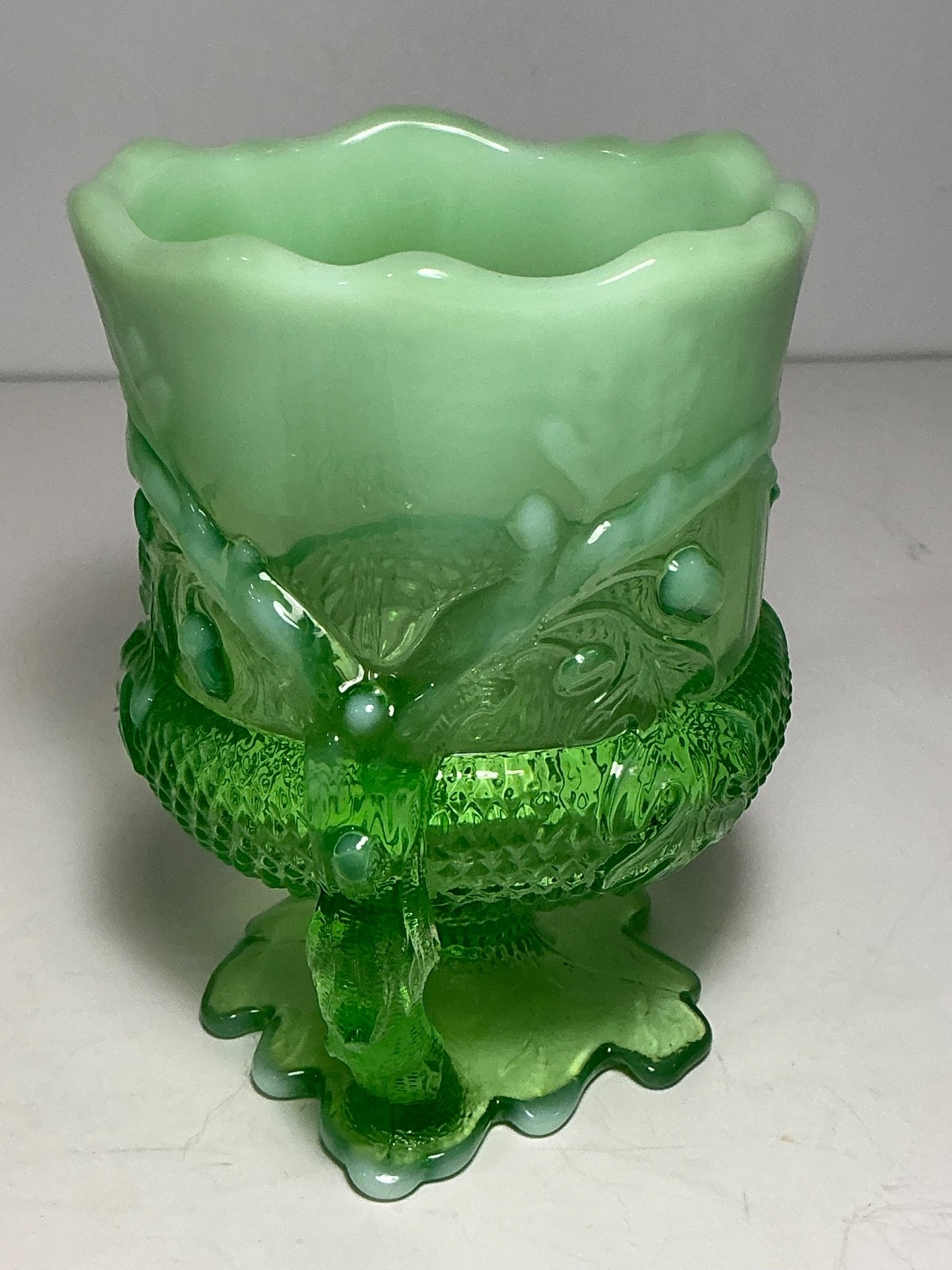 Vintage Mosser Glass Green Glass Acorn & Oak Pattern Spooner 5 in.