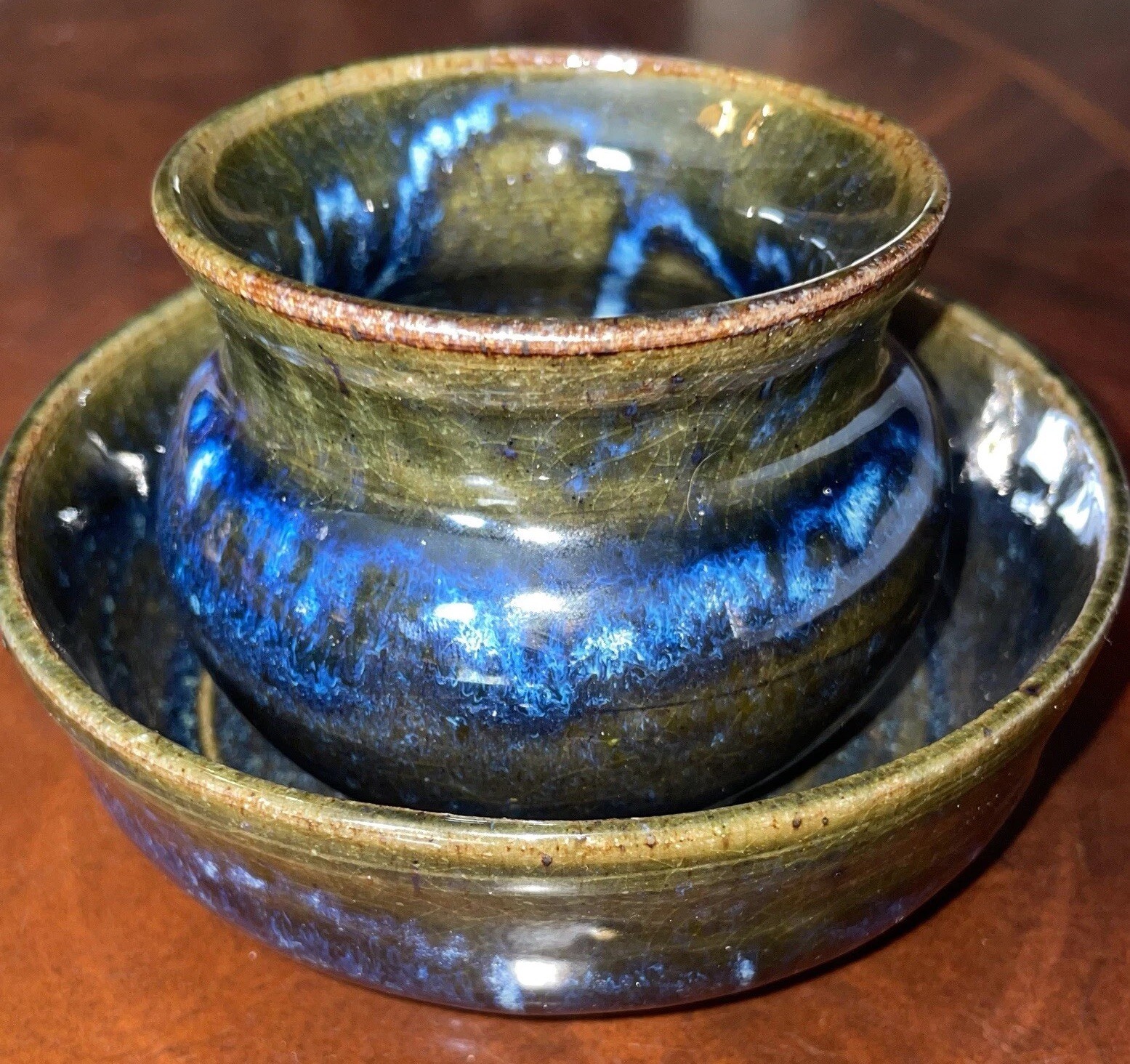 2 Pc Signed Studio Pottery Planter / Saucer Moody Blue Drip Ceramic Hand Thrown