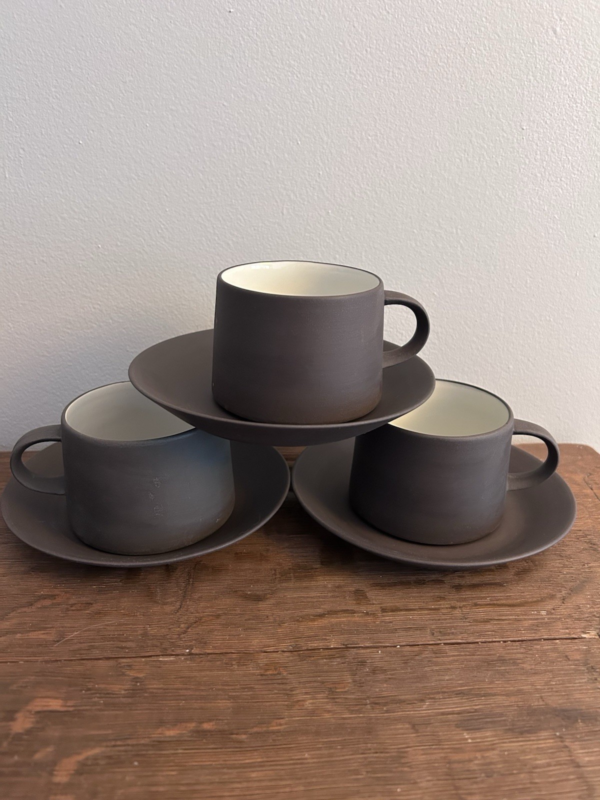 Dansk Flamestone Matte Brown & White Cup And Saucer 3 Sets Denmark Quistgaard