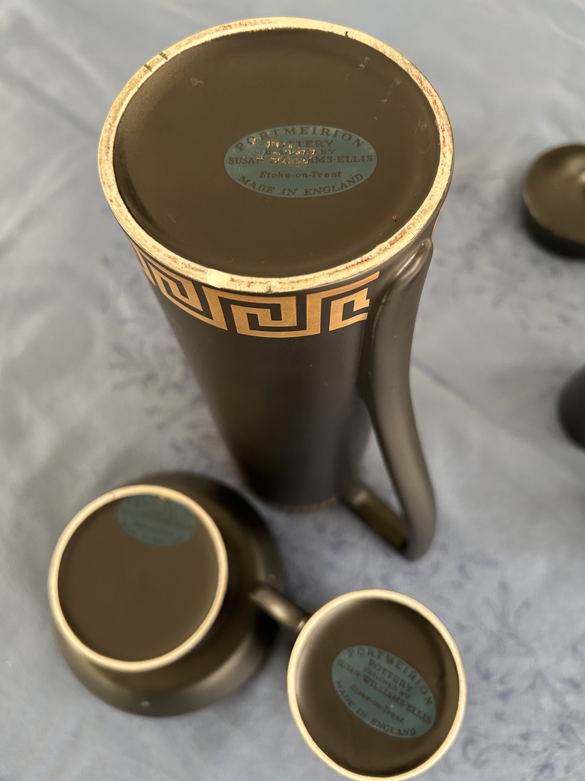 1960s VIntage Portmeirion Coffee/Tea Set in matte black & gold Greek Key Pattern