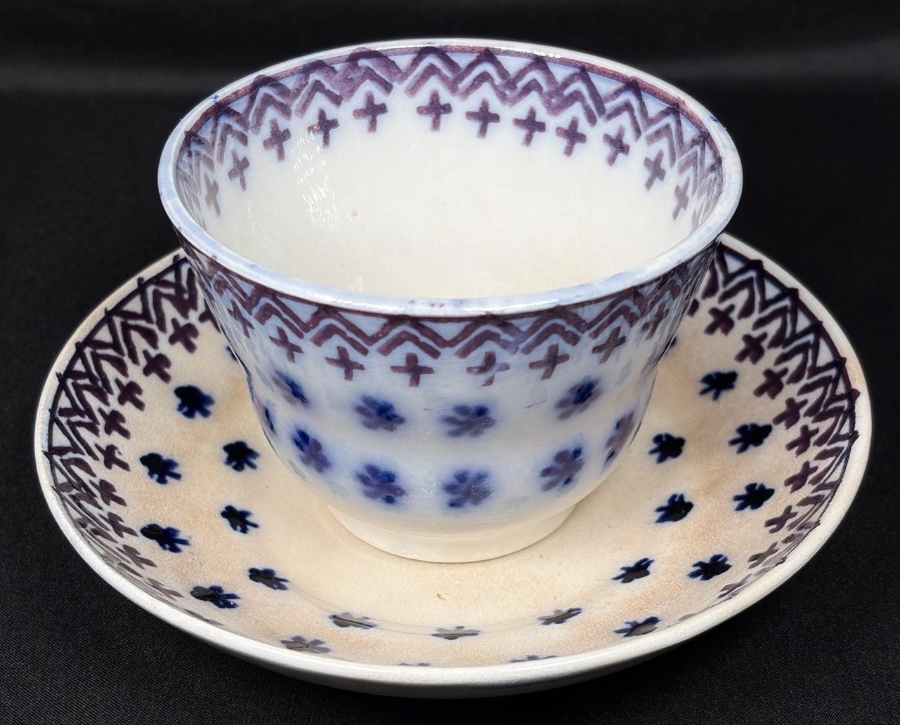 Antique Staffordshire Flow Blue Amish Snowflake Handleless Cup Saucer c1840