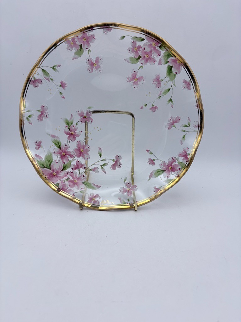 Vintage 1994 Lefton Reverse Hand Painted Clear Glass Plate Gold Trim 8.5″ Diam