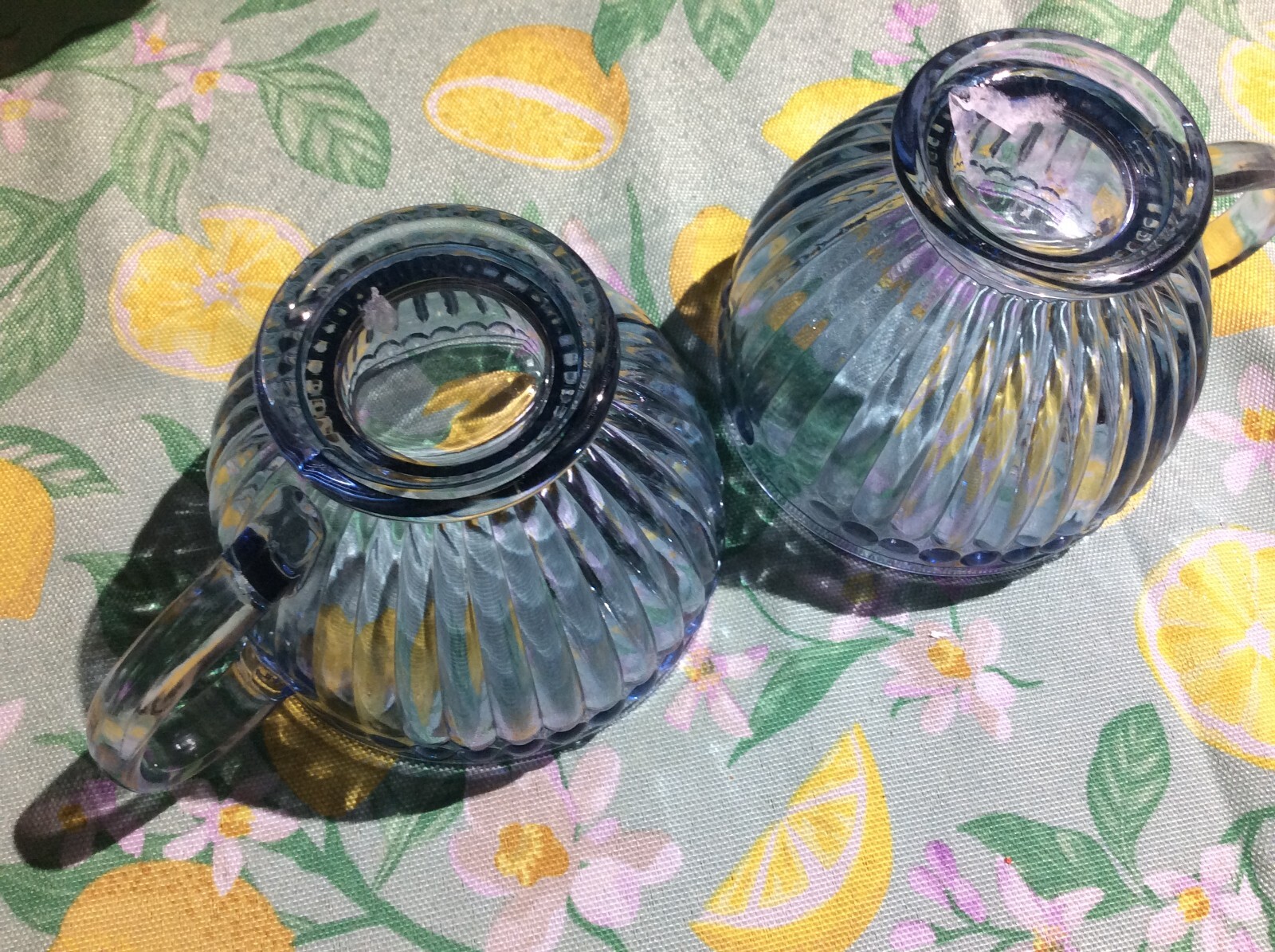 2 Lt Blue Glass Coffee Cups Mugs Quilted Bubble Pattern 12 oz. Beauties 4.25″