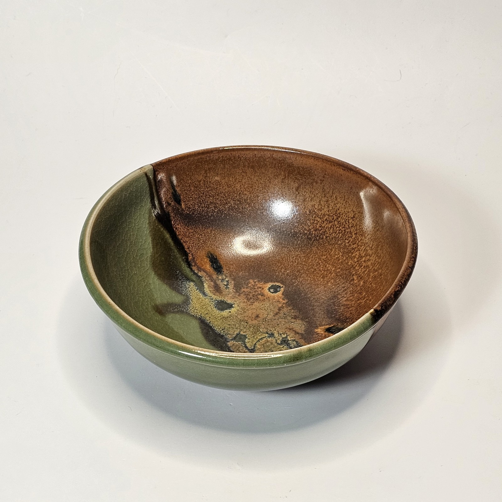 Studio Art Pottery Golden Green & Brown Drip Crackle Glaze Ceramic Bowl