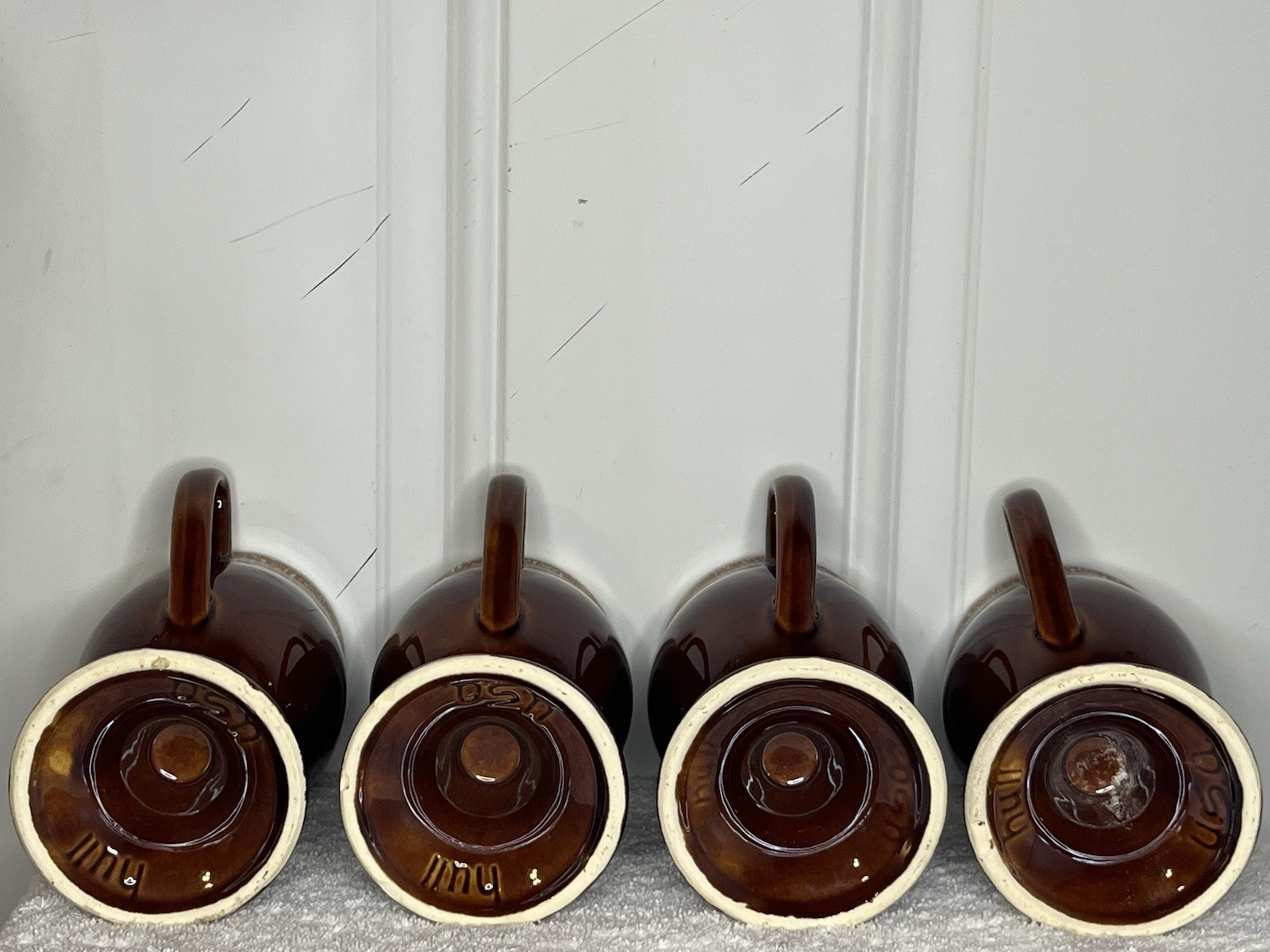 Set of 4 Vintage Hull Pottery Brown Drip Glaze Irish Coffee Pedestal Mugs 6″
