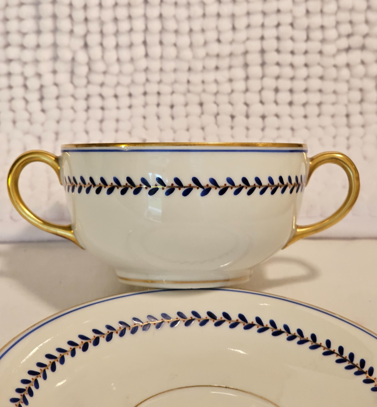 Bouillon cups w/ saucers, set of three, vintage china, Haviland, Vignaud, Saxe