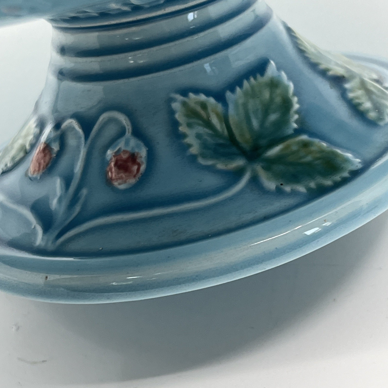 Vintage Zell Majolica Strawberry Pattern 9.25” Pedestal Plate Stand Blue Green