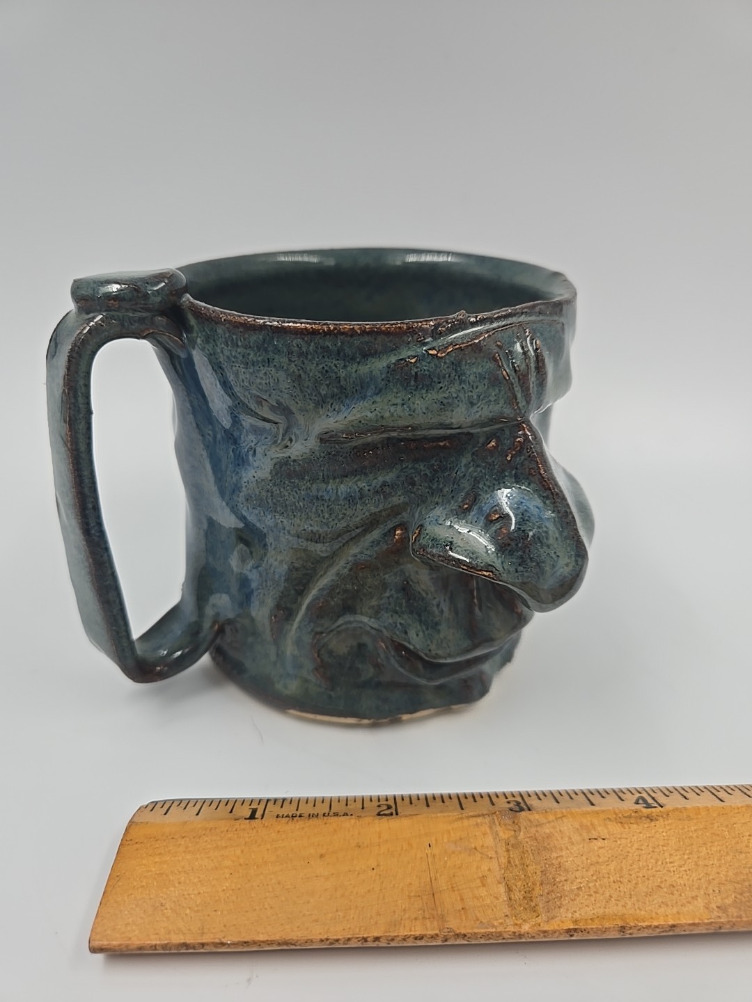 Handmade Stoneware Art Pottery Ugly Face Funny 3D Blue Glazed 12oz