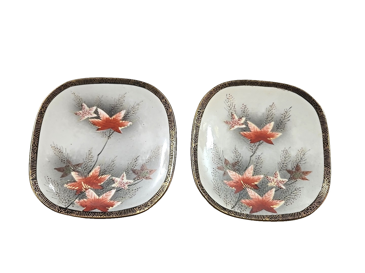 2 Vintage 5″ Square Plates w/ Wall Hangers Hand Painted Orange Leaves Gold Trim