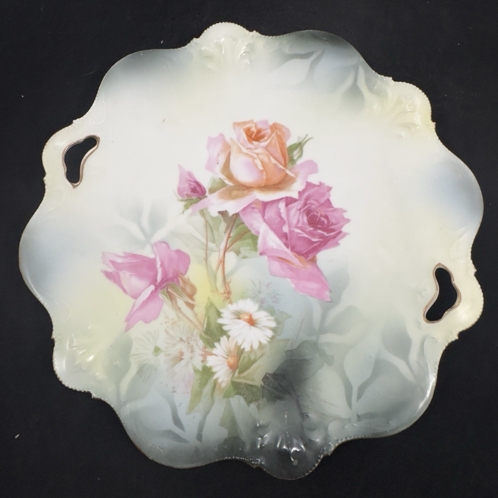 Antique 10.2” RS Prussia Porcelain Handled Plate Hand-painted Floral Scalloped