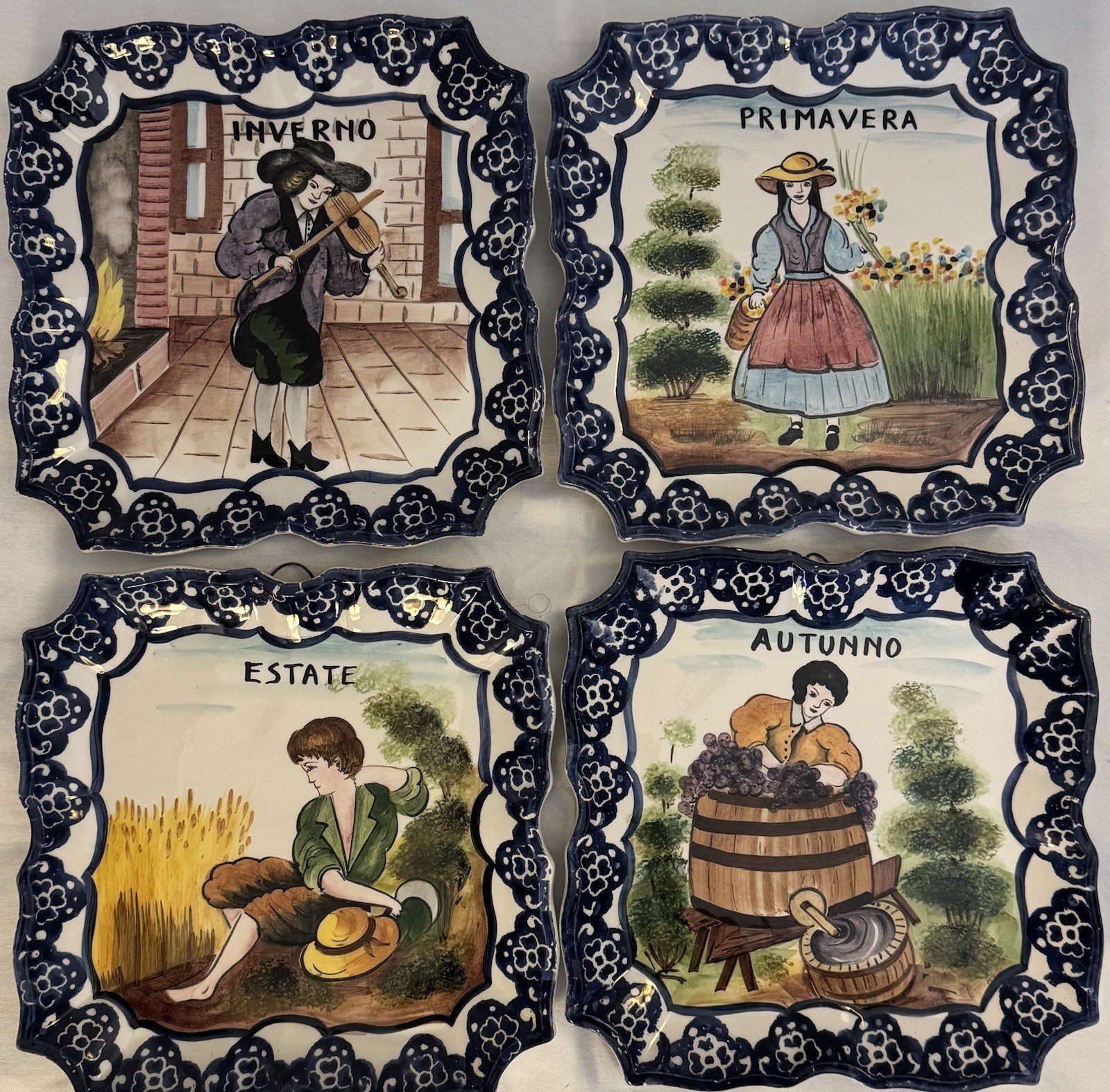 Vintage Bassano Pottery, Four Seasons, Wall Plates, Lot Of Four 8.5” Square