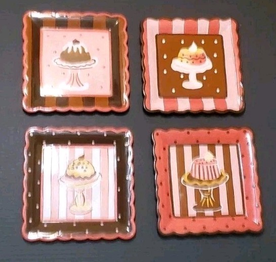 Dessert Cake Cupcakes Plates Square 8″ Stripes Dots Wall Decor Plate Set of 4