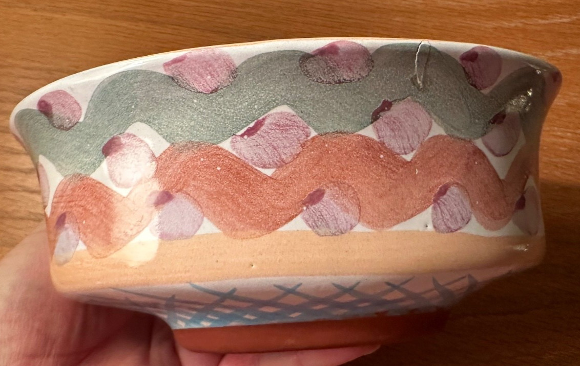 AS IS Vintage Mackenzie Childs Heather Ceramic Open Chowder Bowl 7×3″ Terracotta