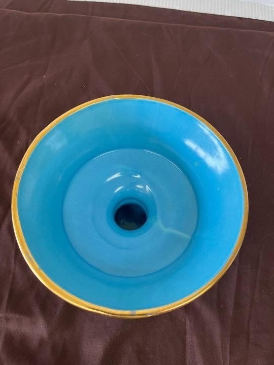 Blue Gold Pedestal Compote Bowl Footed Centerpiece Candy Dish MCM Regency