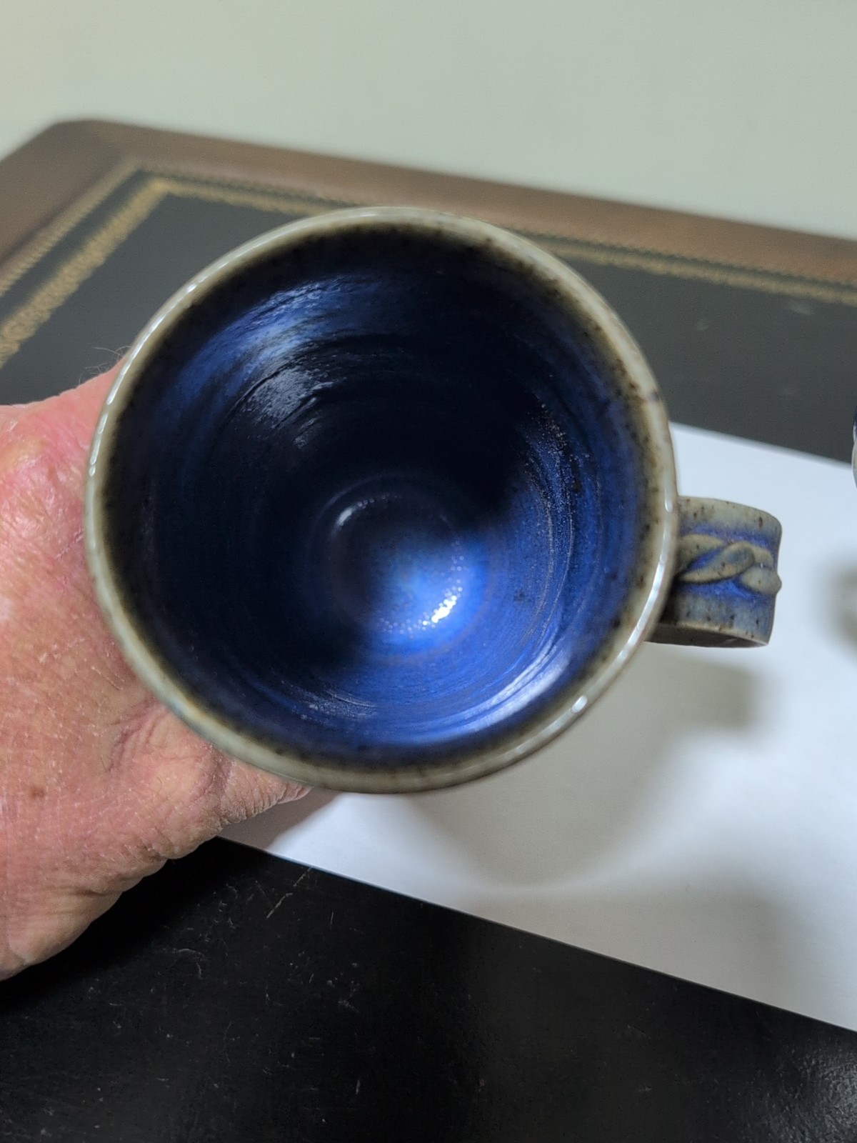 Studio Art Pottery Mugs Blue,Tan, Gray, Signed 1986 Glazed! Lot Of 2