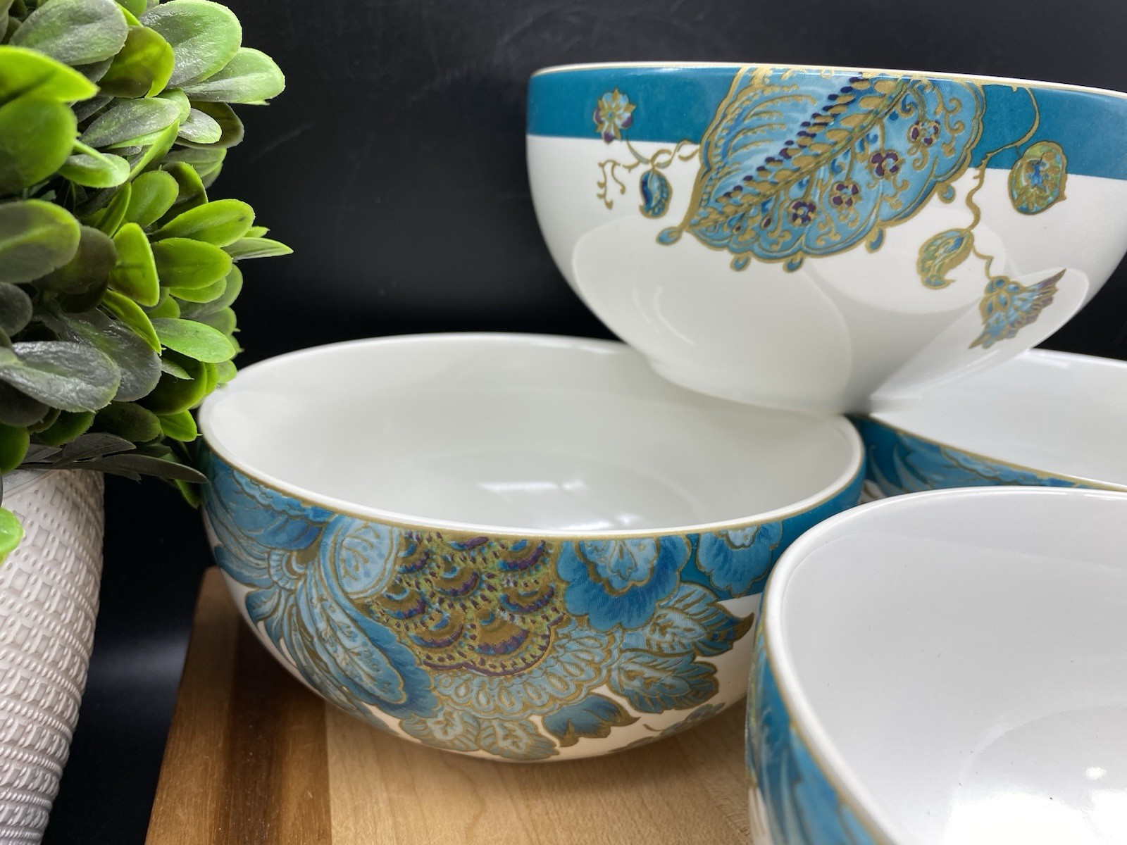 222 FIFTH Eliza Teal FINE PORCELAIN 5.50″ x 3″ Soup Bowls (SET OF 4) NEW