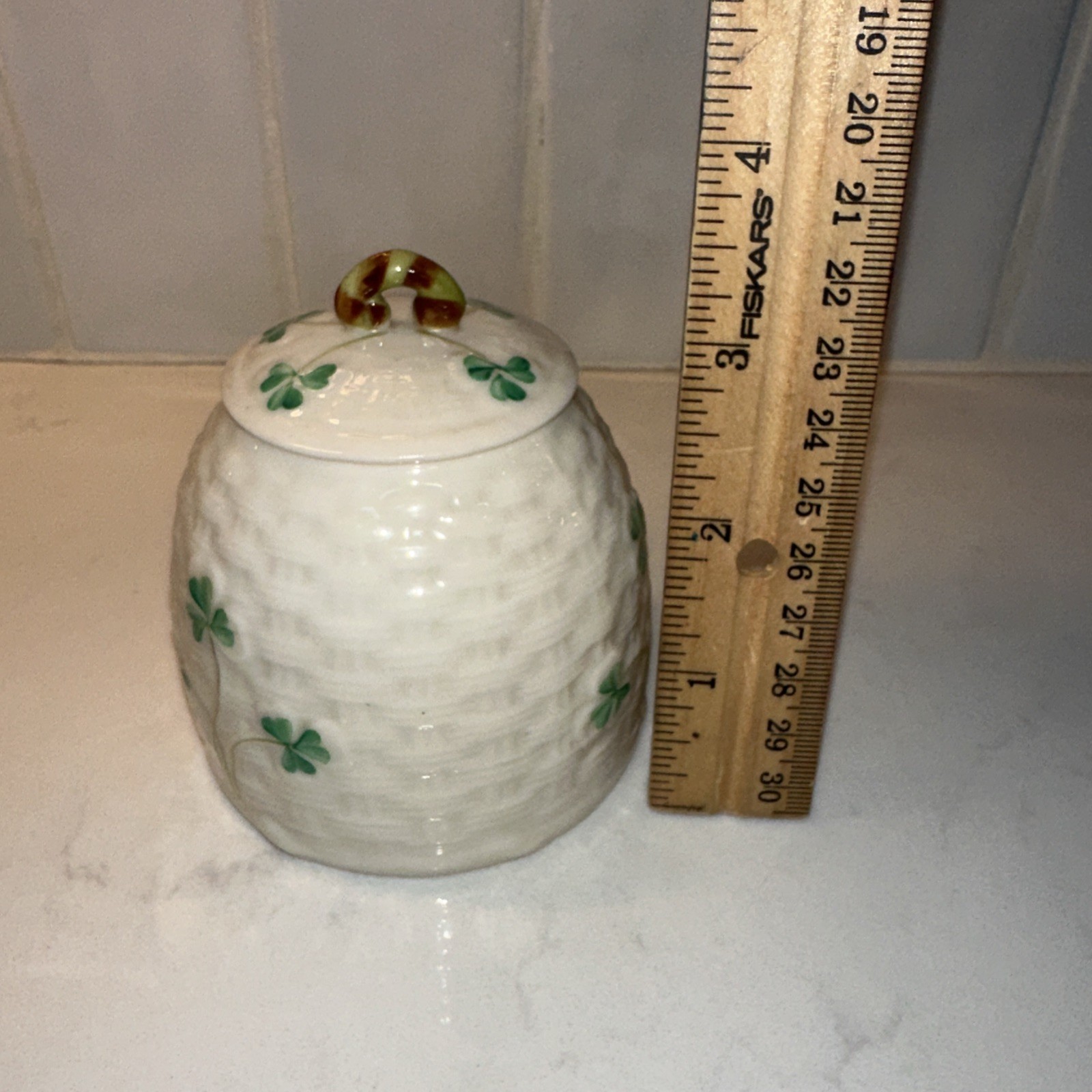 Belleek Ireland Shamrock 3.5” Pot Jar w Lid 6th Green Mark Honey Vintage