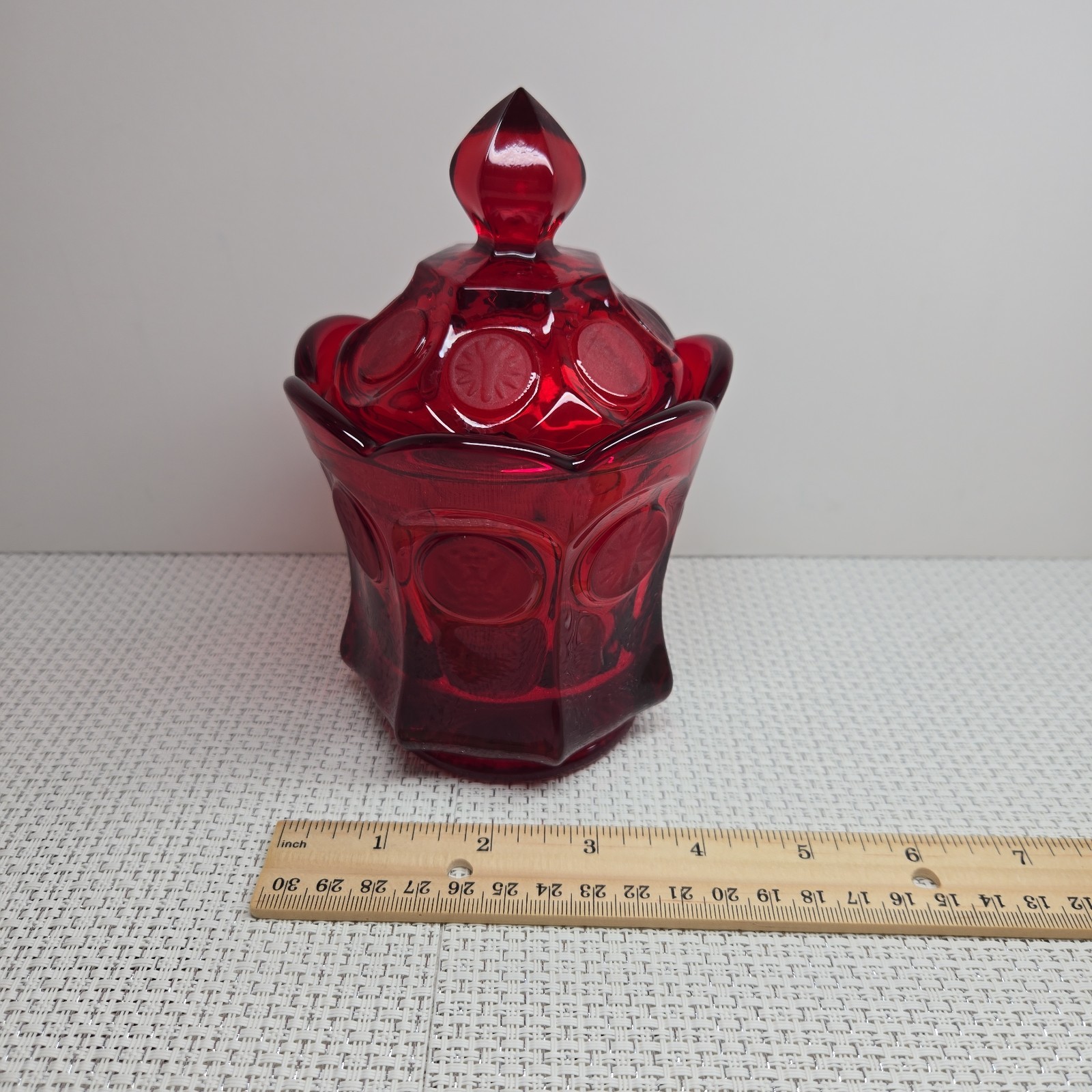Vintage FOSTORIA Bicentennial Ruby Red Coin Glass Lidded Candy Dish 6.5 in EUC