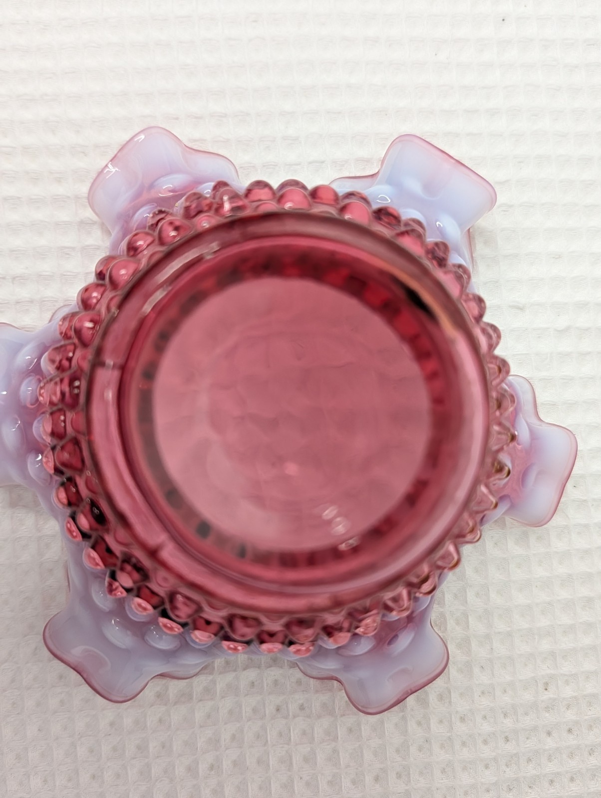 Fenton Cranberry Opalescent Candy Bowl Dish Hobnail Ruffled Vtg Snap Ring Marks