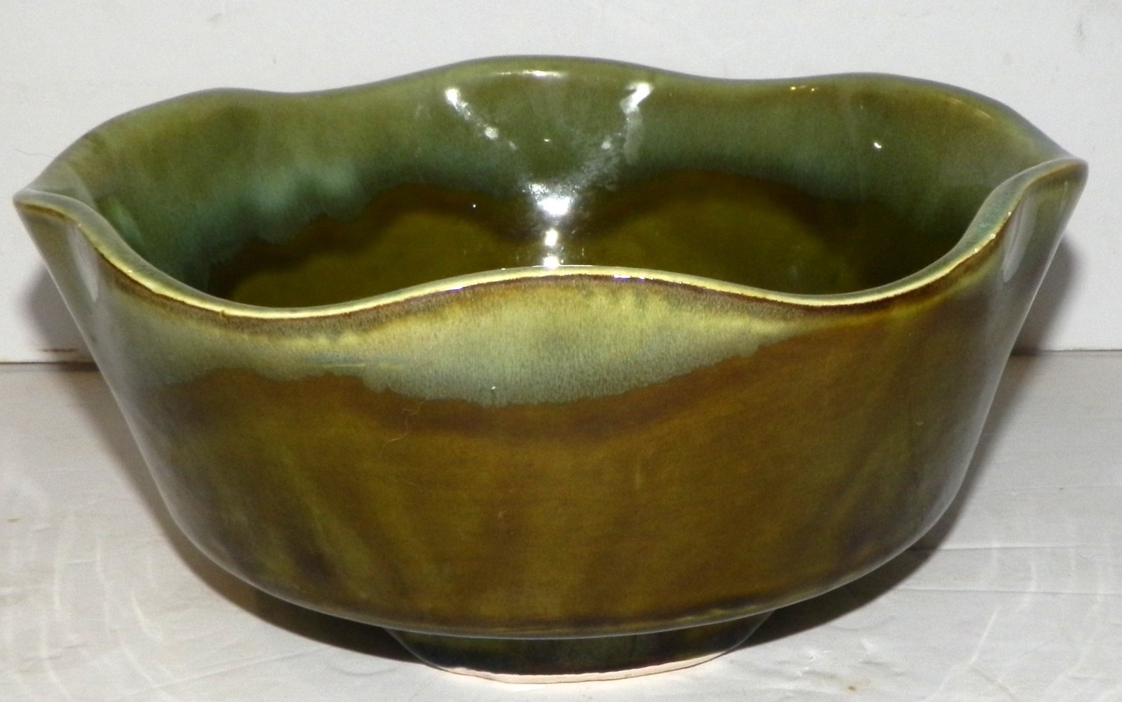 Vintage Art Pottery Bowl Green Ombre Drip Glaze Ruffled by Judy of California