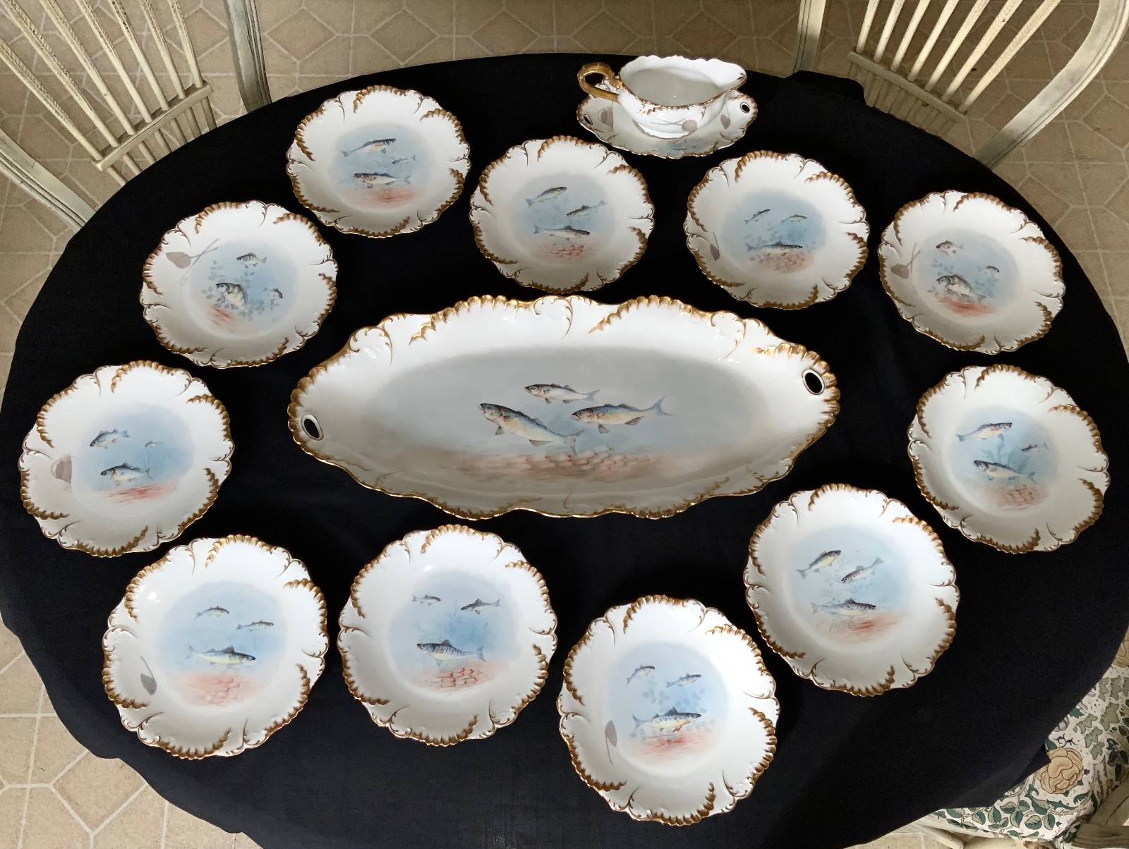 LAVIOLETTE ELITE LIMOGES FISH PLATTER & PLATE SET C.1896-1905 HIGGINS & SEITER