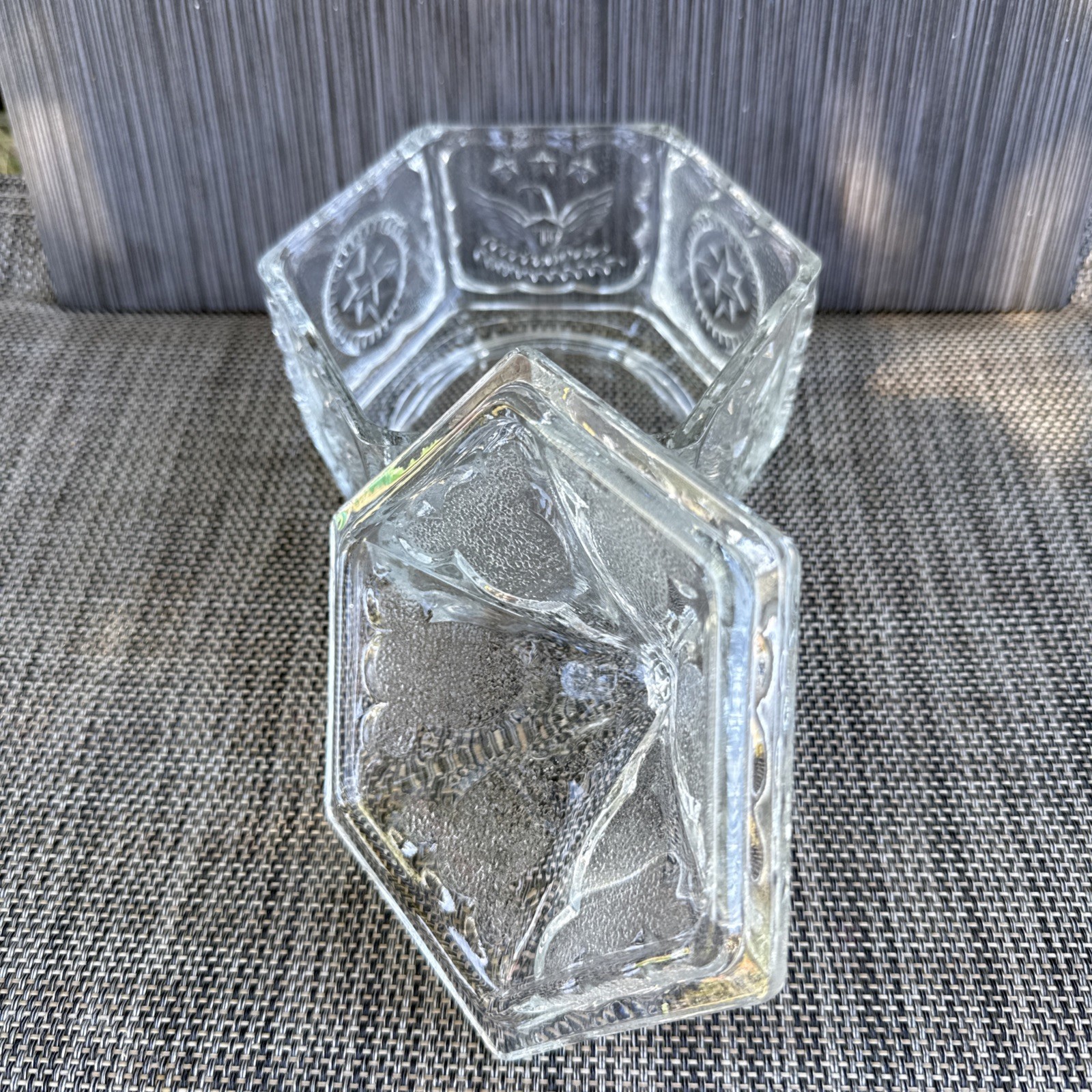 Vntg Glass Candy Dish w/ Lid American Eagle Star Hexagon 6″ Tall