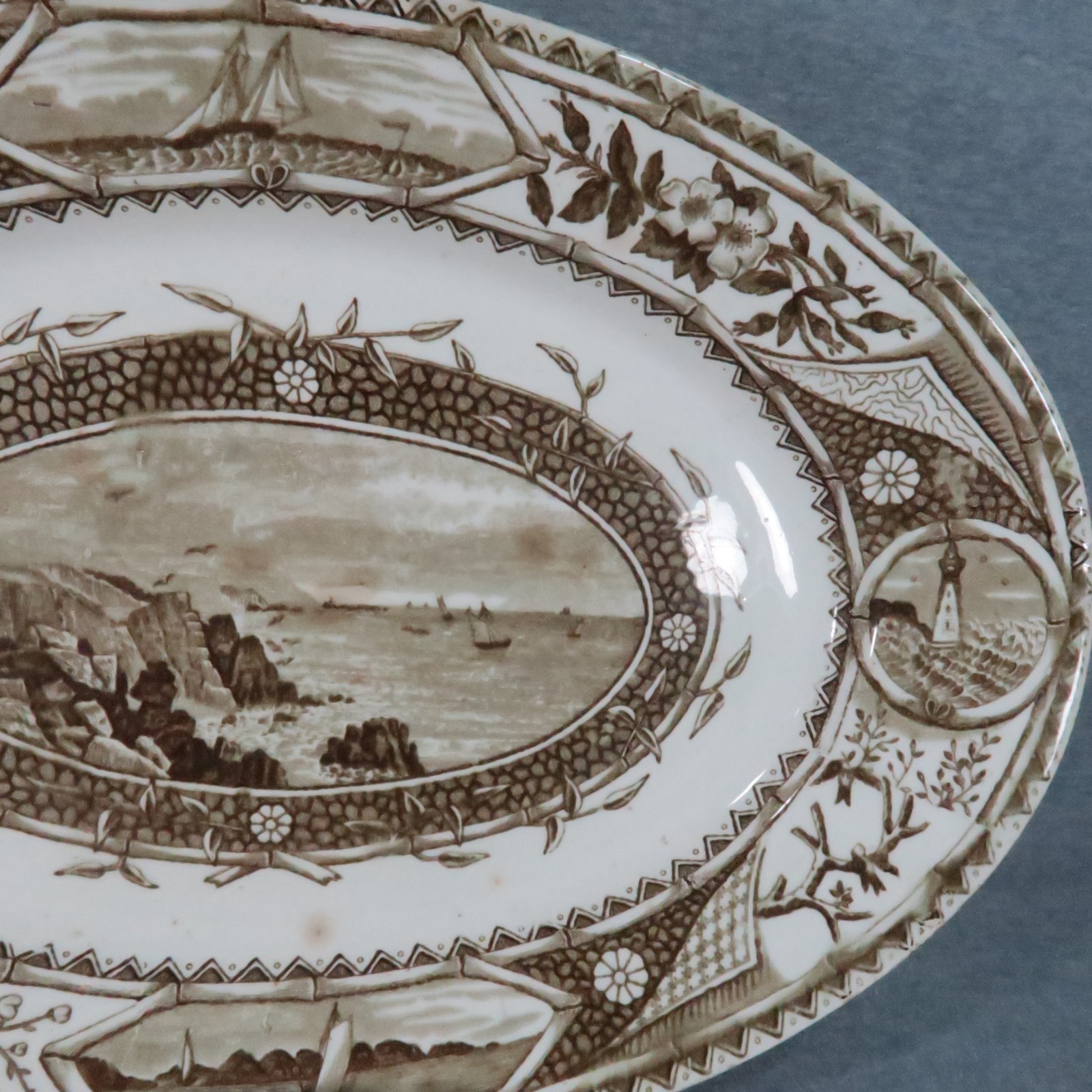 Antique GW Turner & Sons Transferware Platter Phileau Brown White Oval England