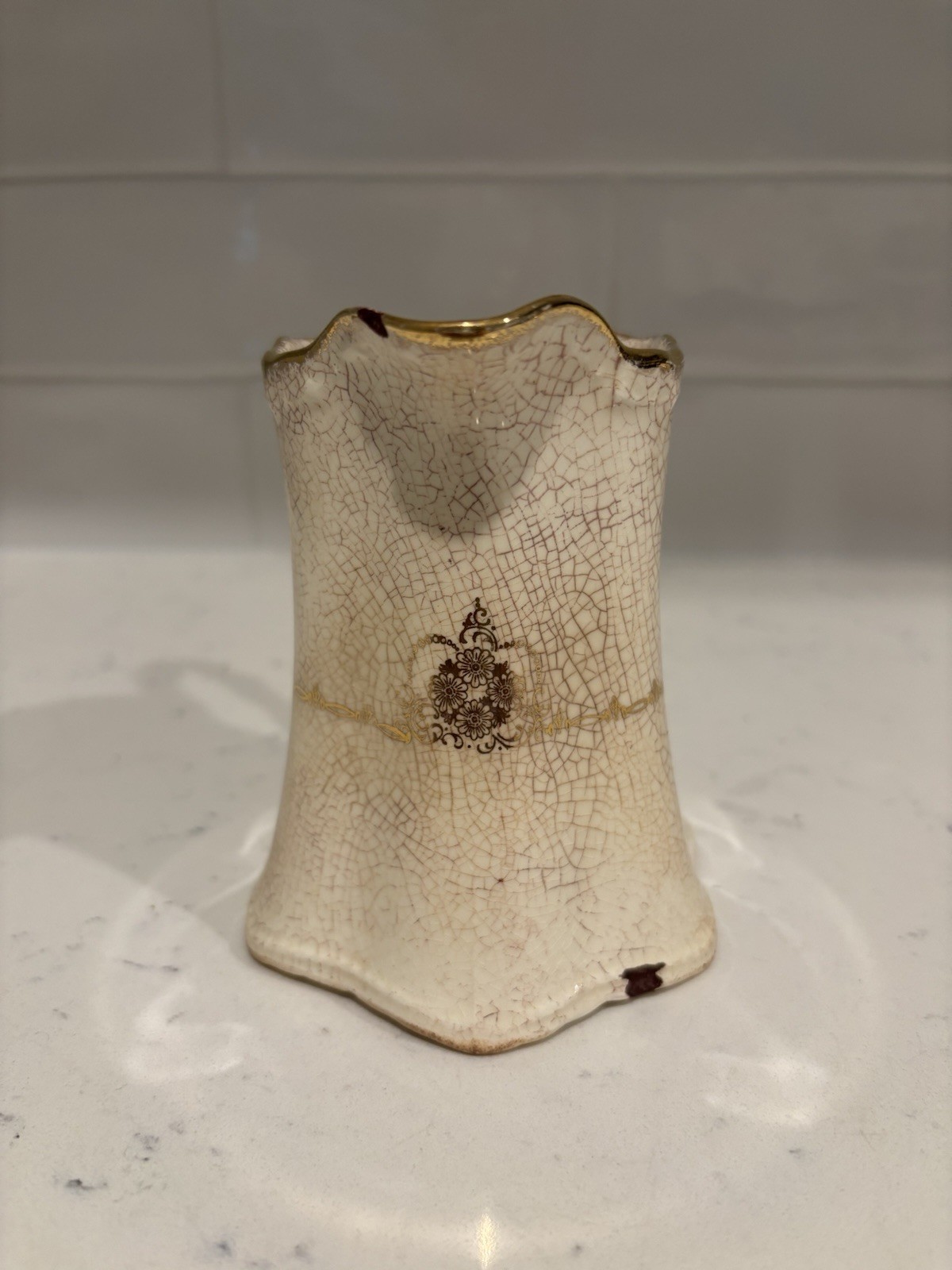 Antique White Ironstone Style Creamer Pitcher Stained Crazed Gold Transferware