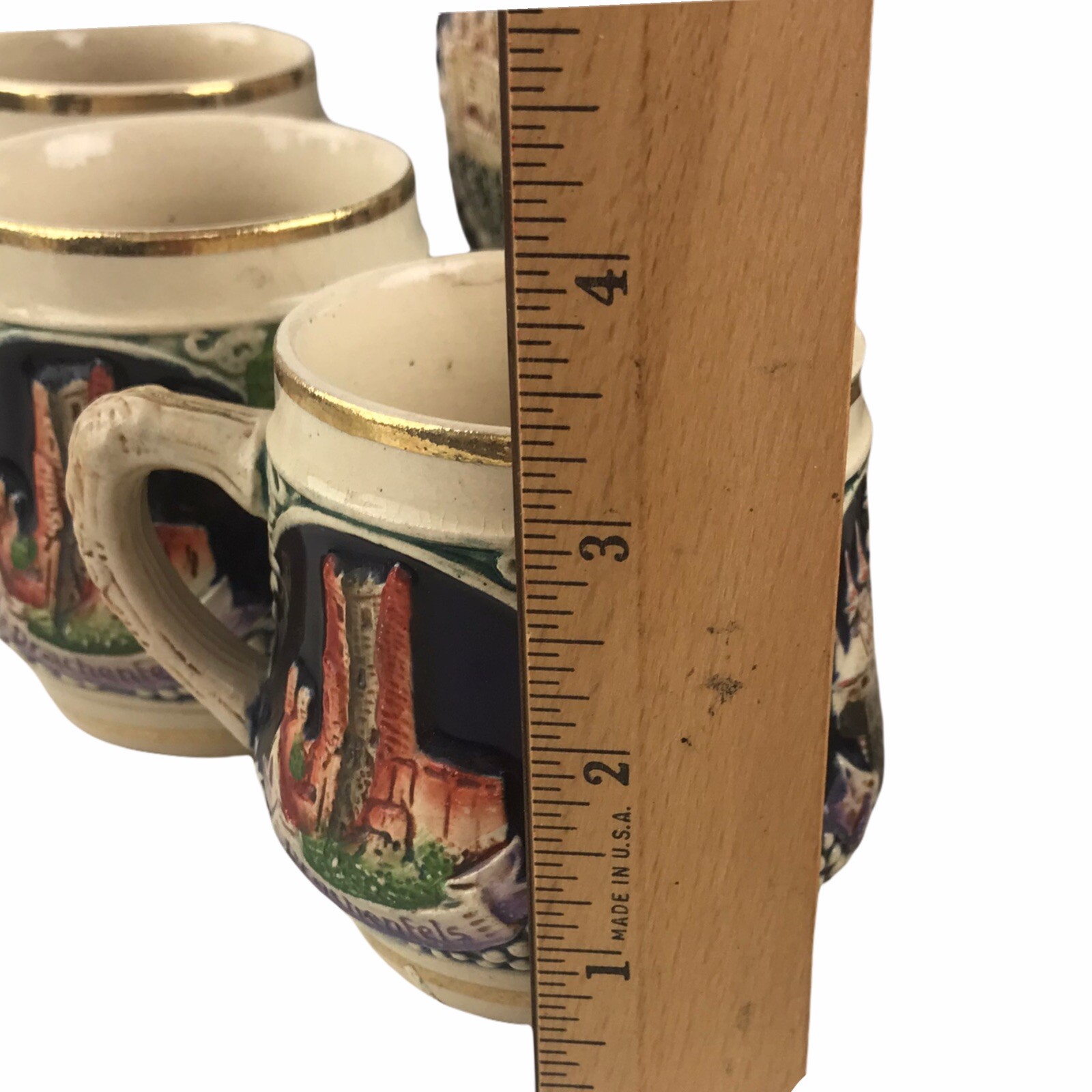 Vintage German Punch Cider Bowl Set 8 Cups Mugs Steins Castles Stoneware