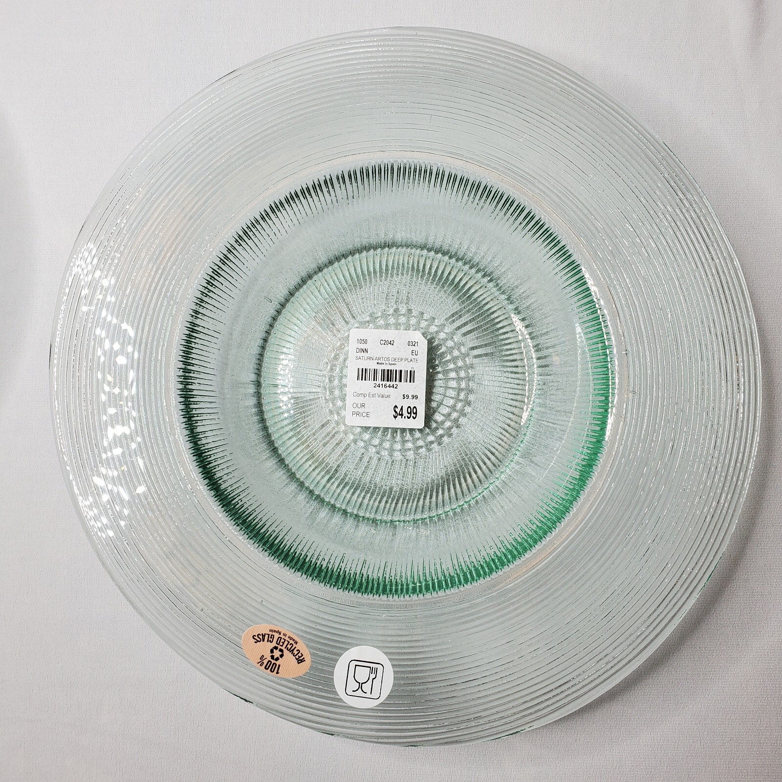 4 Recycled Spanish Glass Dinner Plates 10″ Set Wide Rim Clear Green Textured NOS