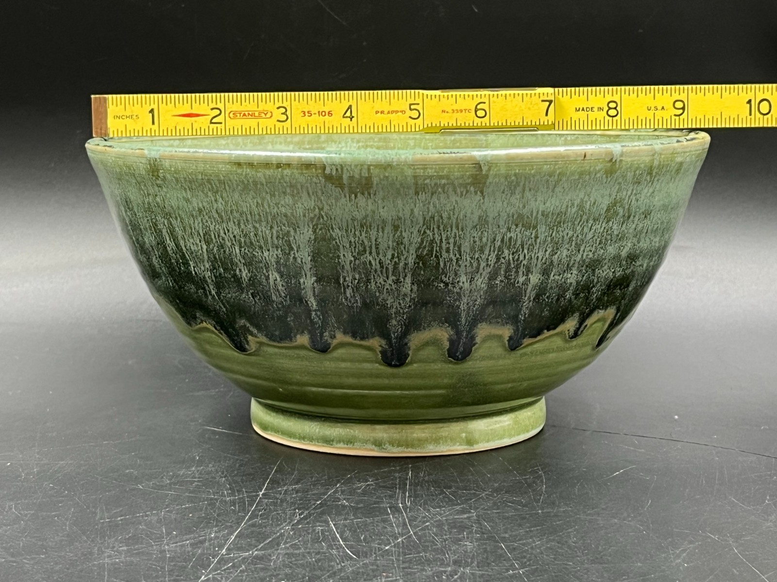 Green Drip Glazed Studio Pottery Pedestal Bowl Commemorating Four Seasons 50th