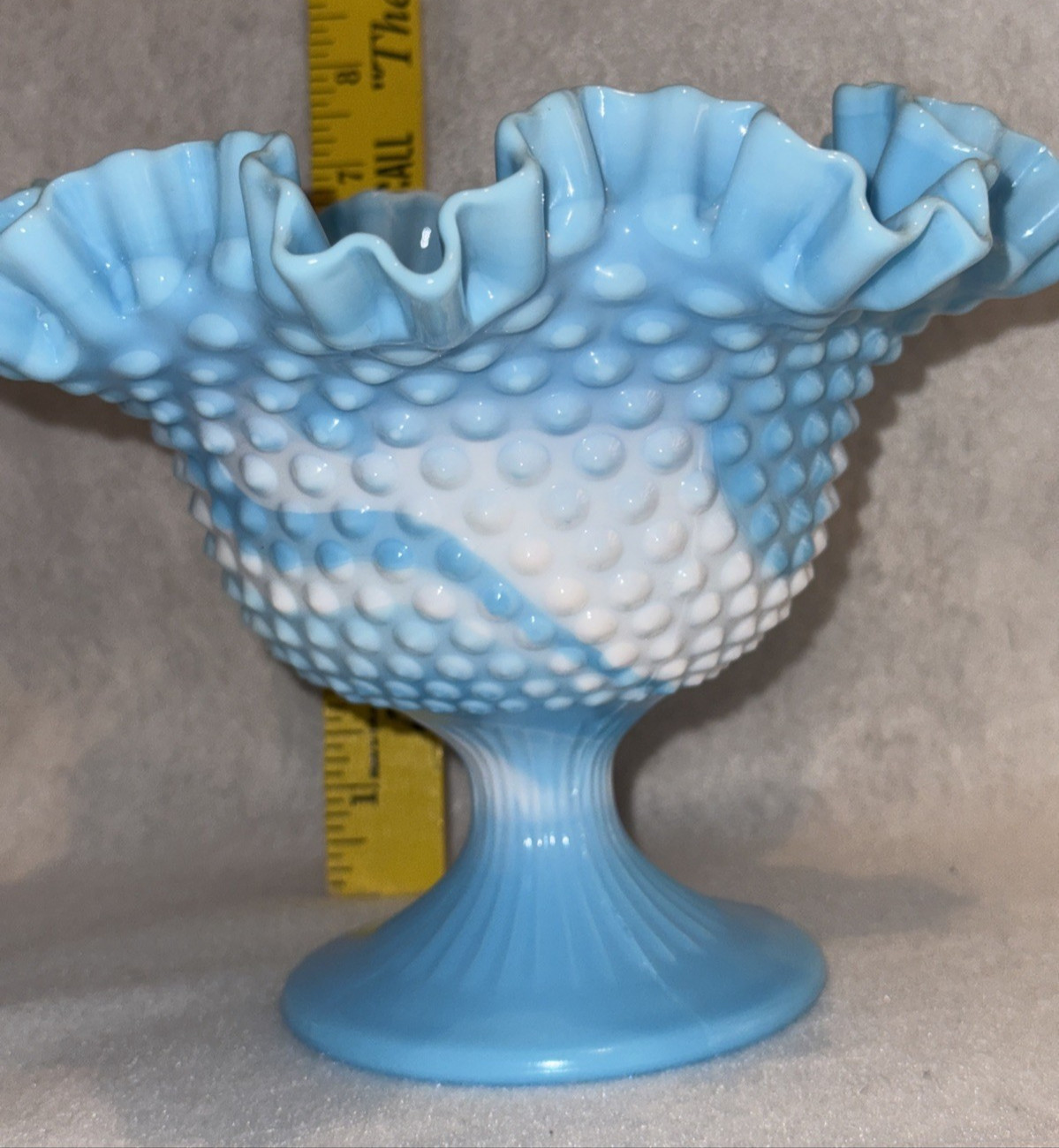 Vintage Fenton Blue Milk Marble Glass Hobnail Pedestal Bowl Ruffled Edge White