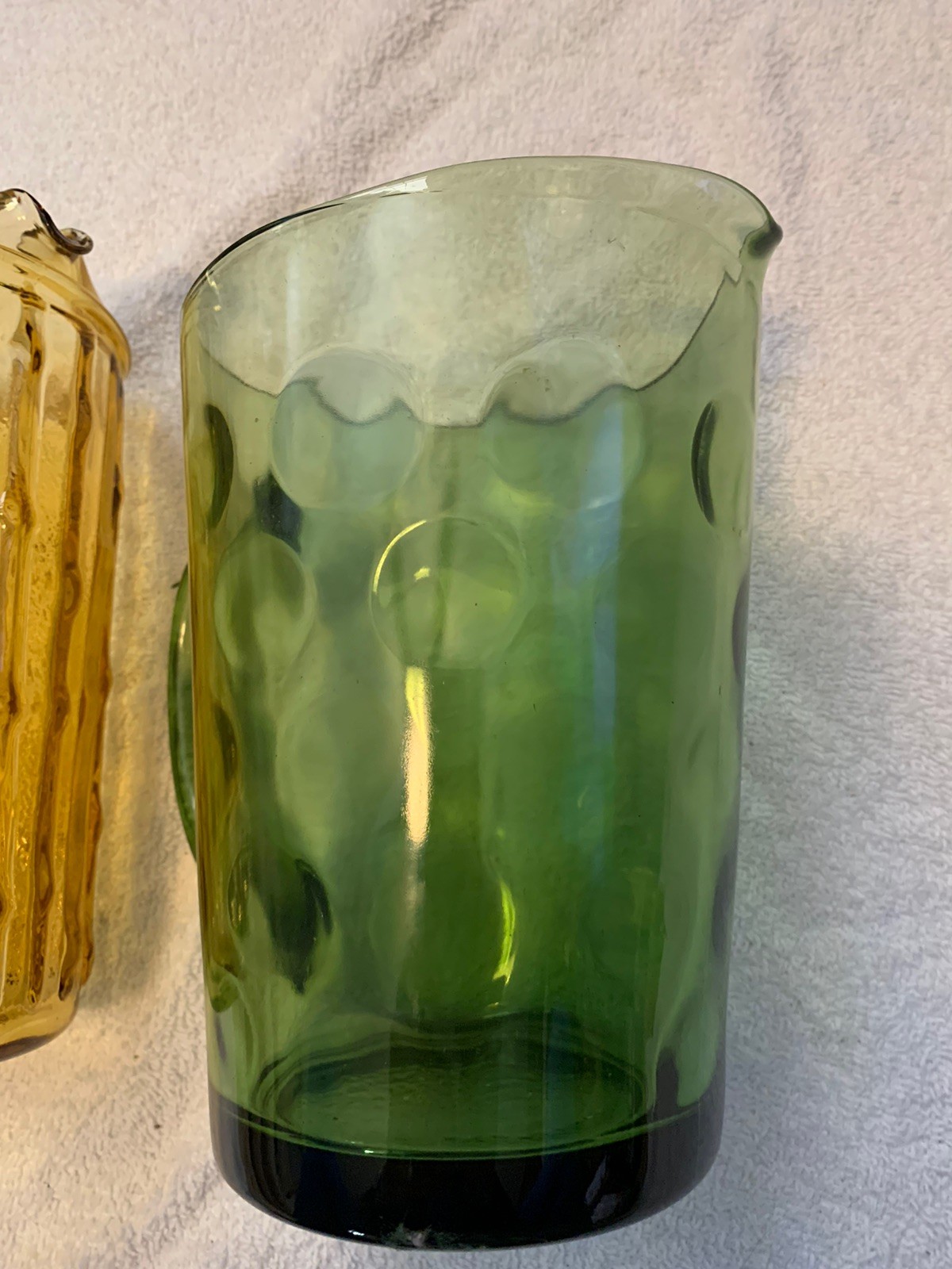 Two/ Anchor Hocking Glass Pitcher TAHITI Bamboo Gold / Green Atlas Coin Dot