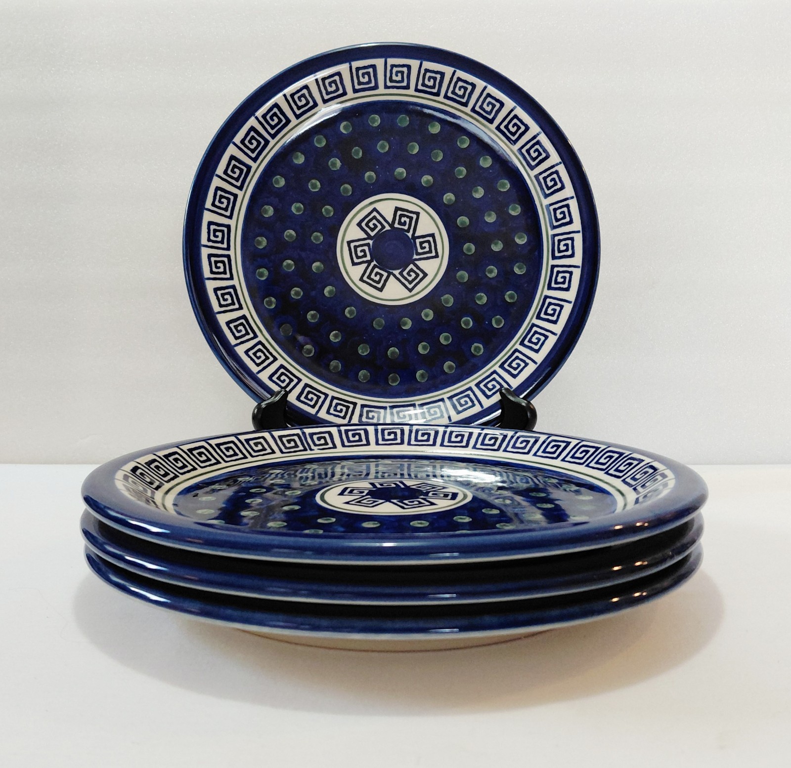 Boleslawiec Dinner Plates 11″ Greek Key Peacock Polish Pottery Blue White Set 4