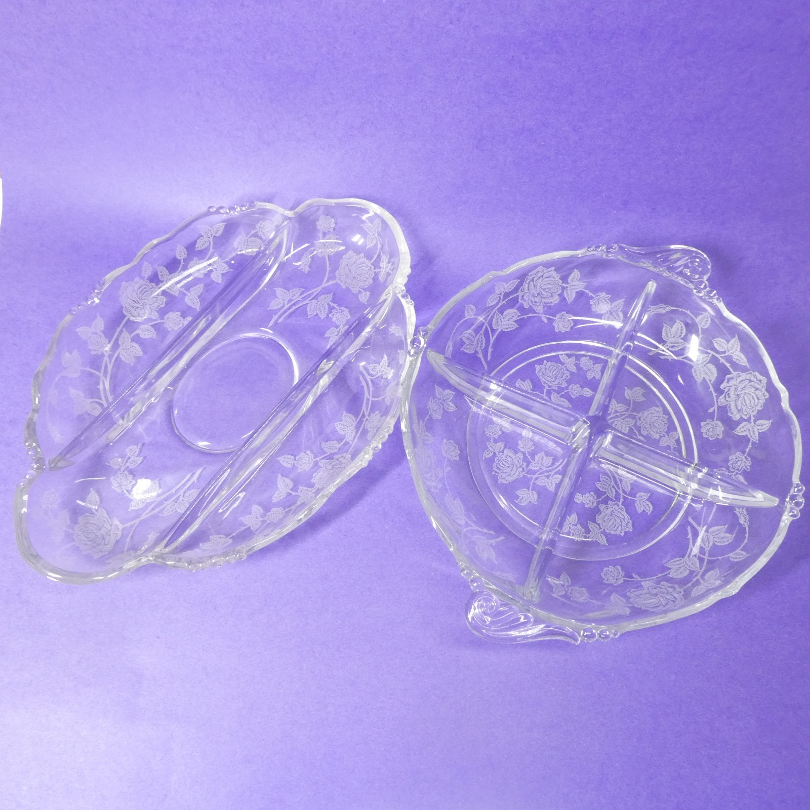 Heisey Rose 2 Divided Dishes Oval Celery & Round Relish Bowl Clear Etched Glass